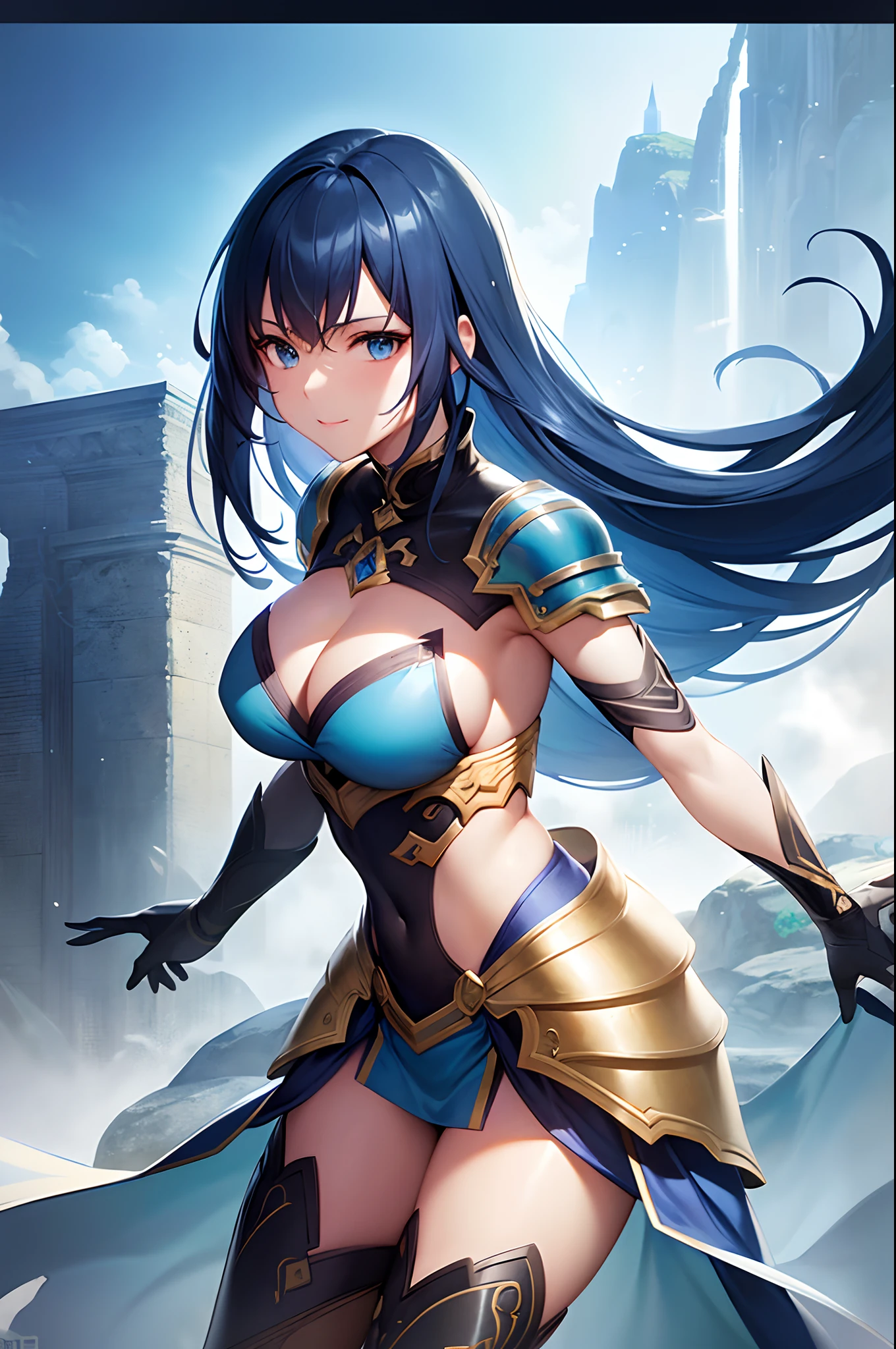 8K,Close-up of a woman in a blue and white dress、large full breasts,blue hairs, Super beauty,(Like the real thing)Blue eyes,poneyTail,Chengwei Pan on Artstation、 Yang J 作、 Detailed fantasy art、Stunning character art、 Fan Art Best Art Station、 Magnificent exquisite character art、 Beautiful armor、Highly detailed Artgerm、 Detailed Digital Animation Art、 Artgerm on ArtStation Pixiv、 Girl in Armor,dynamic ungle,超A high resolution,a smile,real looking skin,enticing,A sexy,Active,