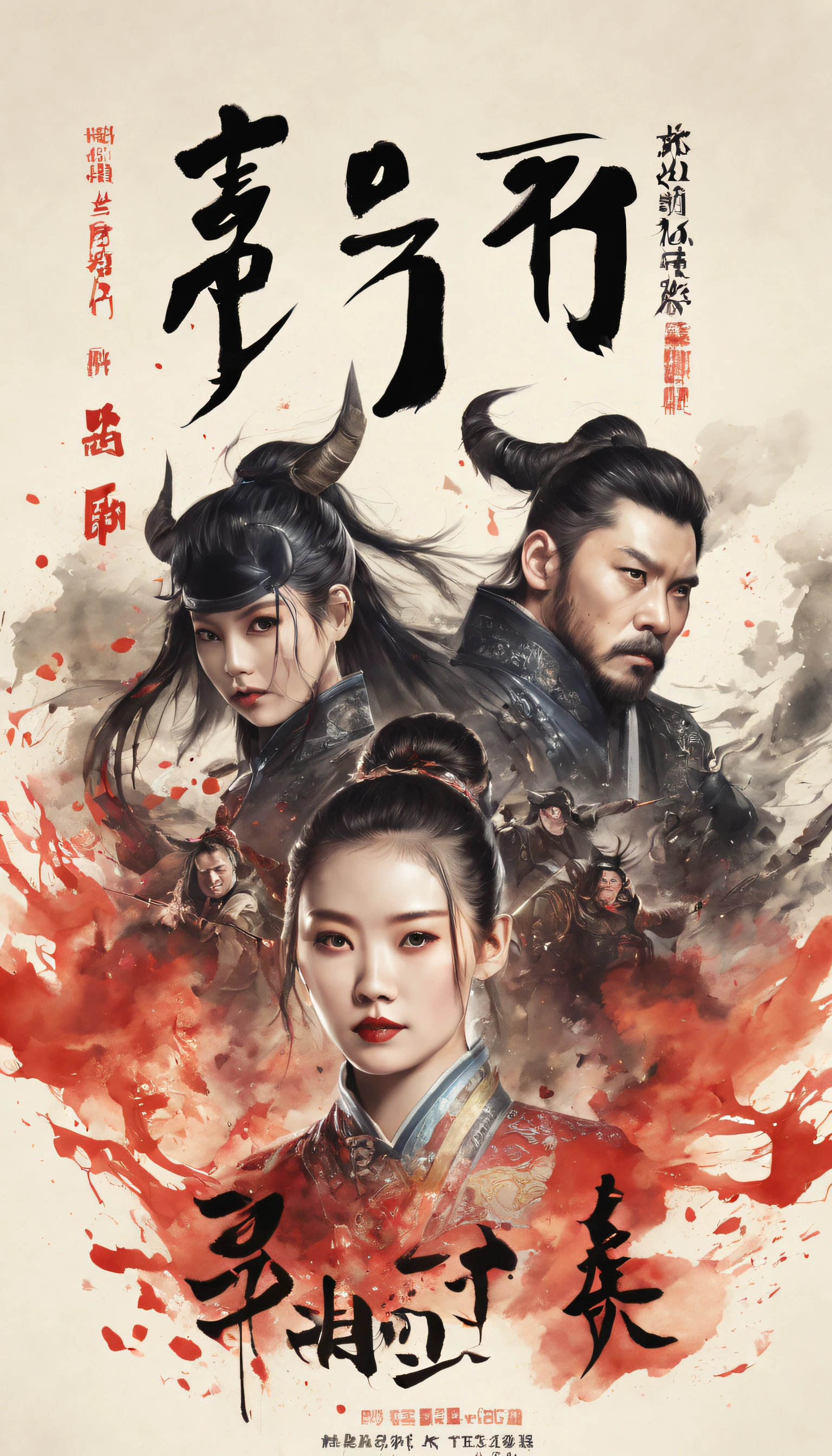 (Movie poster style:1.5), (Movie poster:1.5), (ink and watercolor painting:1.5), (Tasteful:1.5), (ink and watercolor painting:1.5), (Chinese style:1.5), (Full color:1.5), 8K, 4K, (magic:1.5), (dripping paint;1.5), （Period drama poster:1.3), (Demon King:1.5), (War:1.5), (movie title:1.5), (logo:1.5), (text:1.5), (Period drama background:1.5), (Half of it is the face of the devil，Half is a human face:1.5),((text:2)),