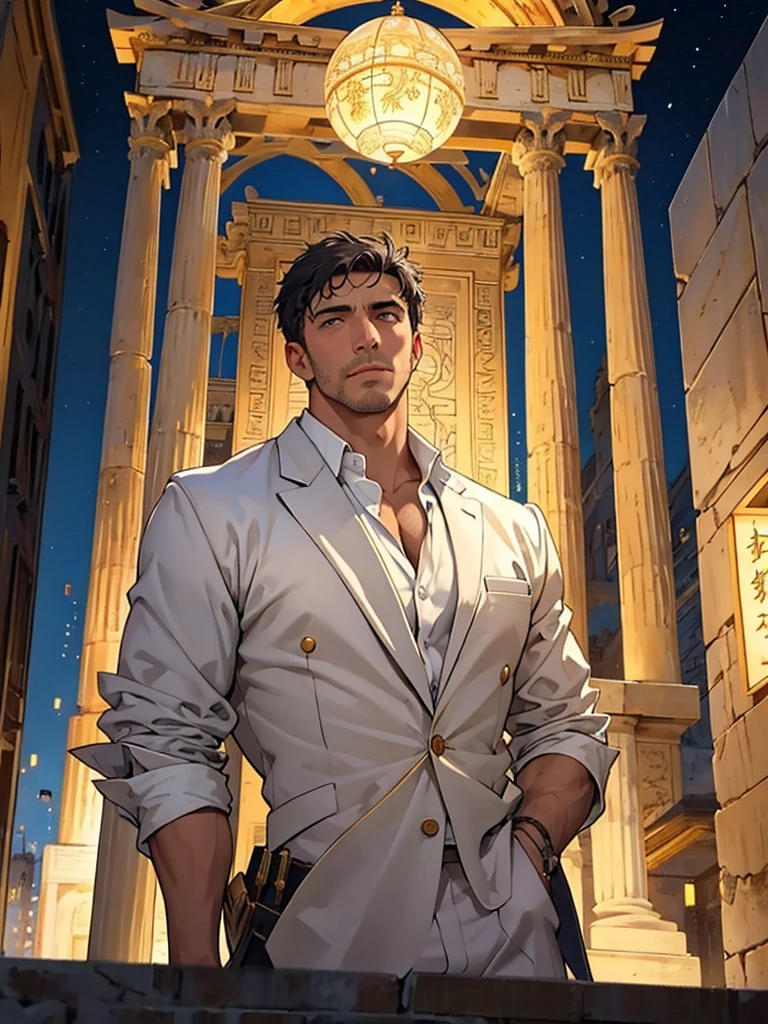 Roman Emperor Constantine the Great resurrected in modern times、34 years old、mature、manly、Competent and hard-working、Successful businessman、Gentle and kind、Usually gentle, but cold when necessary、Greek、Athens night view background、夏天、The world of romance novels、opulent、elegan、​masterpiece、top-quality、