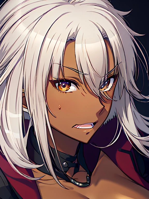 NSFW, (masutepiece, Best Quality, photographrealistic:1.4), (Shiny skin), (nffsw, 8K Wallpaper, High resolution), Perfect Anatomy, Cinematic lighting, Physically-based rendering, Award-winning, highlydetailed skin, extra detailed face, Eyes with beautiful details, 8K, detail, of the highest quality, White hair, Big Breast,Sexy, Beautiful face, Realistic, Brown-skinned, A MILF, nasty face