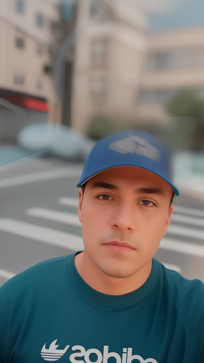 Man in blue shirt and blue hat standing on a street corner, imagem de qualidade muito baixa, Fotografia selfie 8k, imagem frontal, em torno de 1 9 anos, fotografia de baixa qualidade, foto de baixa qualidade, taken in the early 2020s, Foto de perfil, foto de perfil headshot, with a weird hat, wearing baseball cap