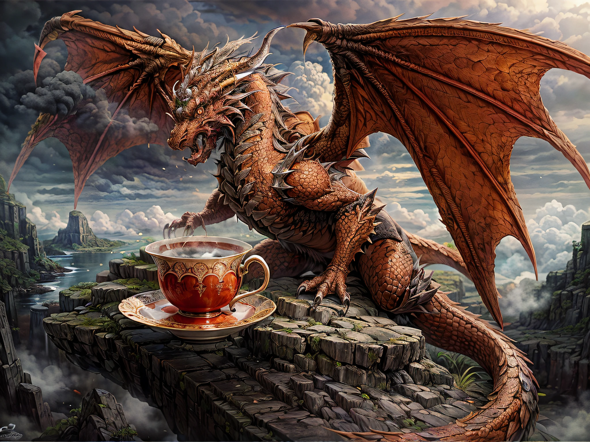 a picture of a red dragon sitting on a massive rock , (holding a tea cup: 1.3), (drinking hot tea from a porcelain tea cup: 1.5) (best details, Masterpiece, best quality :1.5), dragon_real cloudy skies background, an epic red dragon (best details, Masterpiece, best quality :1.5) extremely detailed dragon,  horns, dragon_wings, dragon wings wide spread, ultra detailed face,  the tea cup is majestic, with intricate decorations  (best details, Masterpiece, best quality :1.3), steam rising from the tea cup, birds view, sun rays, red divine rays, sun rays reflected in clouds (best details, Masterpiece, best quality :1.5), sense of serenity sense of awe majestic atmosphere, ultra best realistic, best details, best quality, 16k, [ultra detailed], masterpiece, best quality, (extremely detailed), ultra wide shot, photorealism, depth of field, hyper realistic painting,