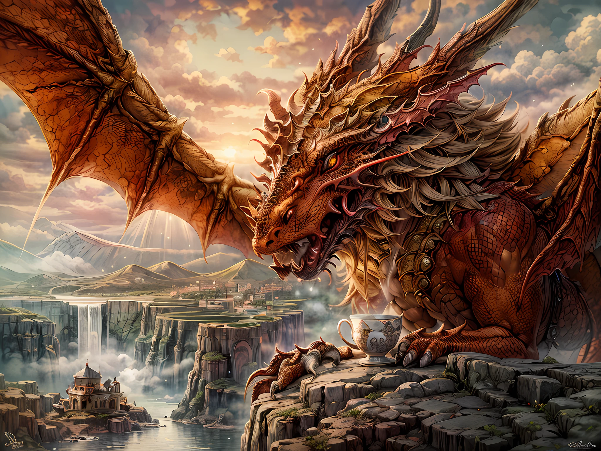 a picture of a red dragon sitting on a massive rock , (holding a tea cup: 1.3), (drinking hot tea from a porcelain tea cup: 1.5) (best details, Masterpiece, best quality :1.5), dragon_real cloudy skies background, an epic red dragon (best details, Masterpiece, best quality :1.5) extremely detailed dragon,  horns, dragon_wings, dragon wings wide spread, ultra detailed face,  the tea cup is majestic, with intricate decorations  (best details, Masterpiece, best quality :1.3), steam rising from the tea cup, birds view, sun rays, red divine rays, sun rays reflected in clouds (best details, Masterpiece, best quality :1.5), sense of serenity sense of awe majestic atmosphere, ultra best realistic, best details, best quality, 16k, [ultra detailed], masterpiece, best quality, (extremely detailed), ultra wide shot, photorealism, depth of field, hyper realistic painting,