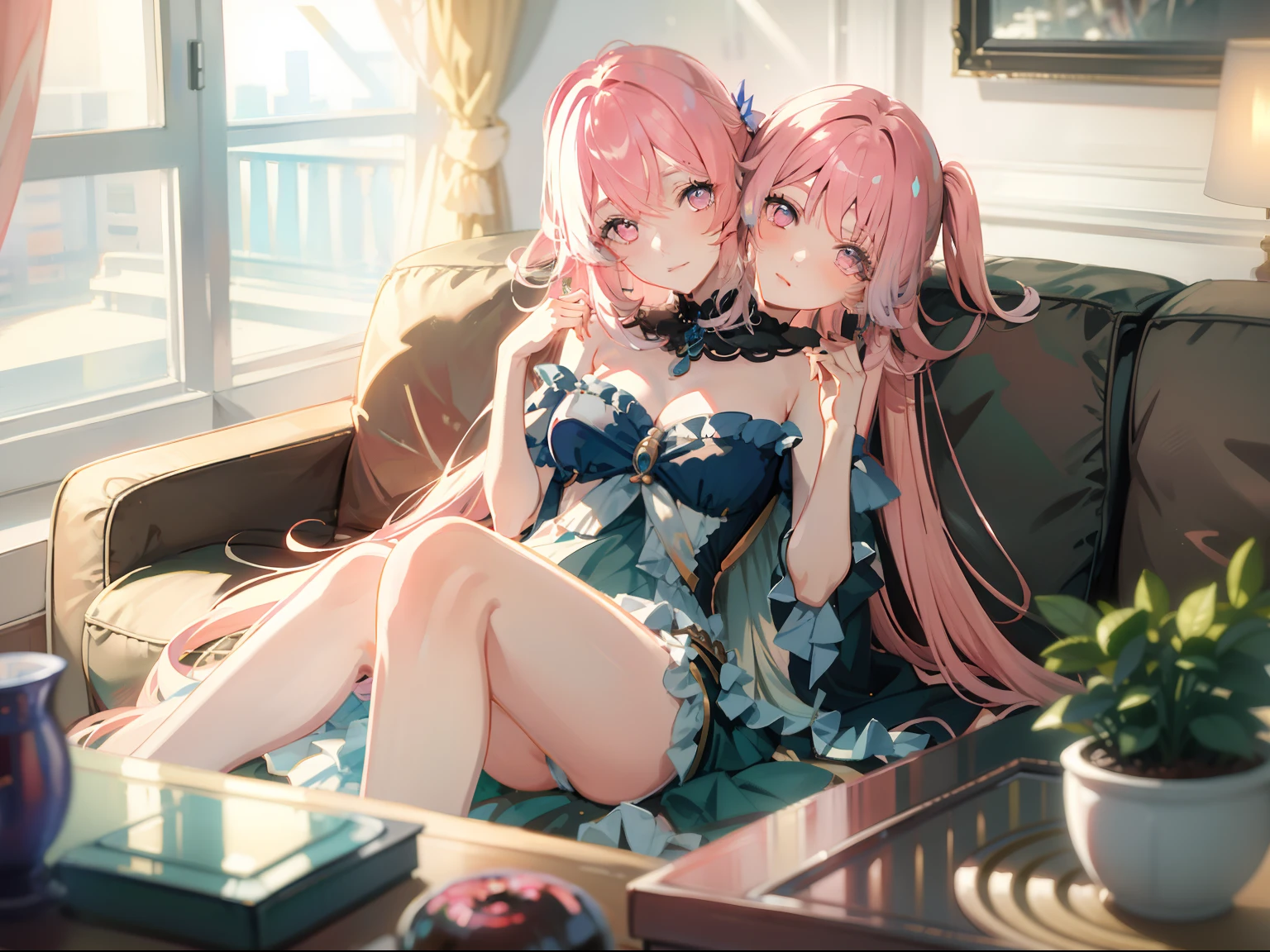 (masterpiece, best quality), best resolution, (3heads:1.5), 1girl, kokomi character, different coloured hair, hair covering whole couch, very long body-length hair, pink eyes, eyes partially open, long dress, lying on a couch, relaxing, living room, apartment overlooking a fantasy underwater city, sunset, close-up