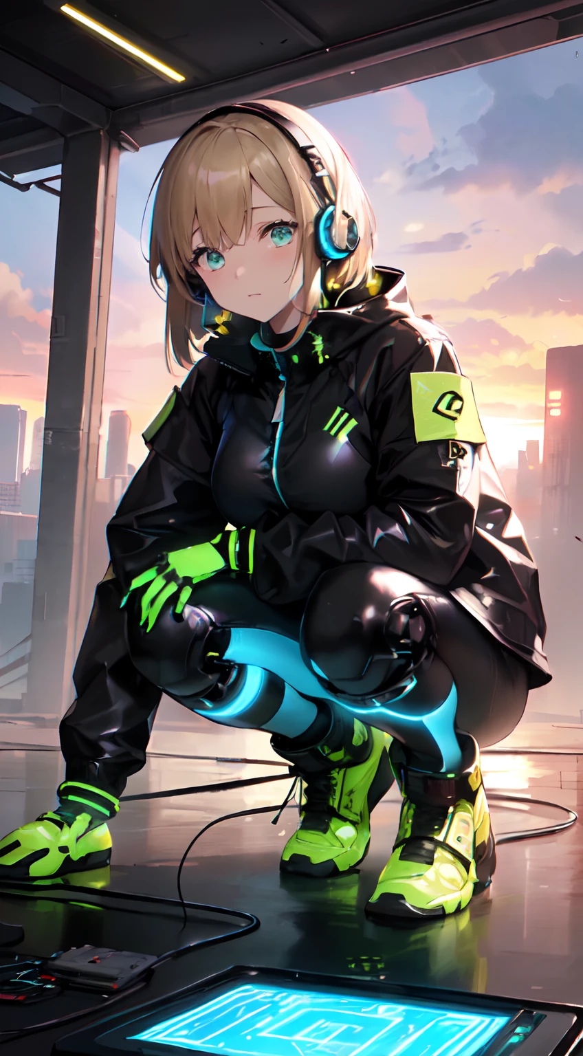 of the highest quality,16 K, masutepiece, Beautiful High School Girl，beautiful eyes of light brown, Looking at Viewer, Light Brown Medium Bob Hair, Plump breasts, Crouching, Sunset cjty, Orange sky, Beautiful clouds, 
BREAK (black and yellow theme:1.4), (cyberpunk fashion:1.2), (wear a fluorescent yellow oversized open military-jacket over a black latex catsuit:1.4), (open jacket:1.3), (numerous tubes extend from a futuristic headset with parts that glow blue light:1.3),
BREAK (glow blue Geometric-pattern on black fullsuit:1.3), (Electronic circuit pattern that emit illumination light:1.3), ((Electronic circuit embedded, multilayer armor plates) with fluorescent yellow oversized open military-jacket:1.3), (black Harness:1.3), ((barcode, logo, text):1.2), (fluorescent yellow ski-boots:1.1), ((black military-gloves, knee pads):1.2),