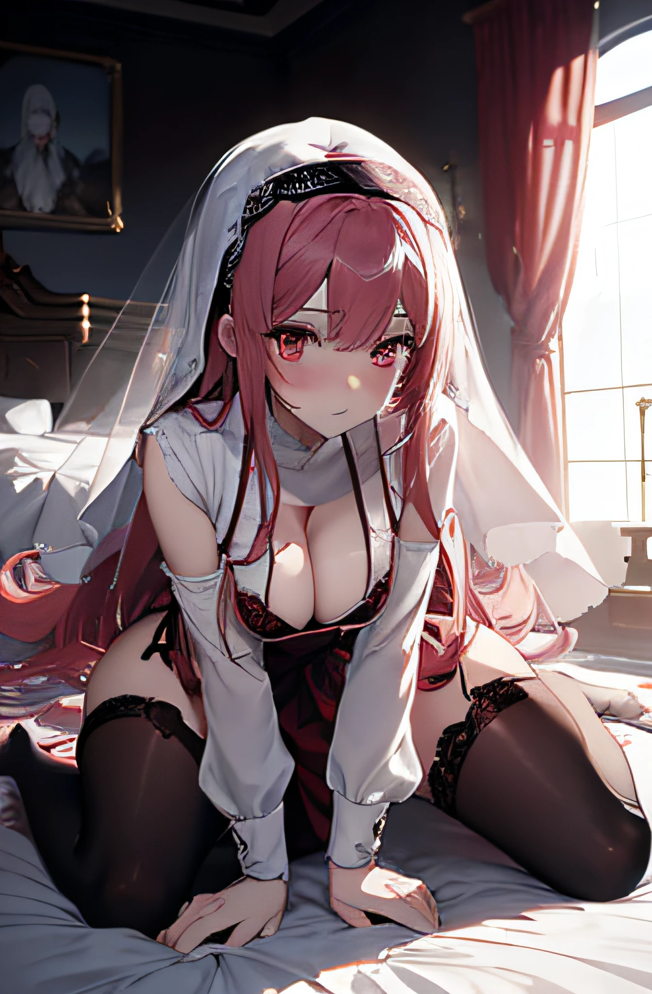 anime character with a sword and a white dress with a red and black writing, pink hair, red eyes, nun veil, huge breasts, See through lingerie, bed room, wet clothes, sheer negligee, blush cheeks, full buttocks, all fours