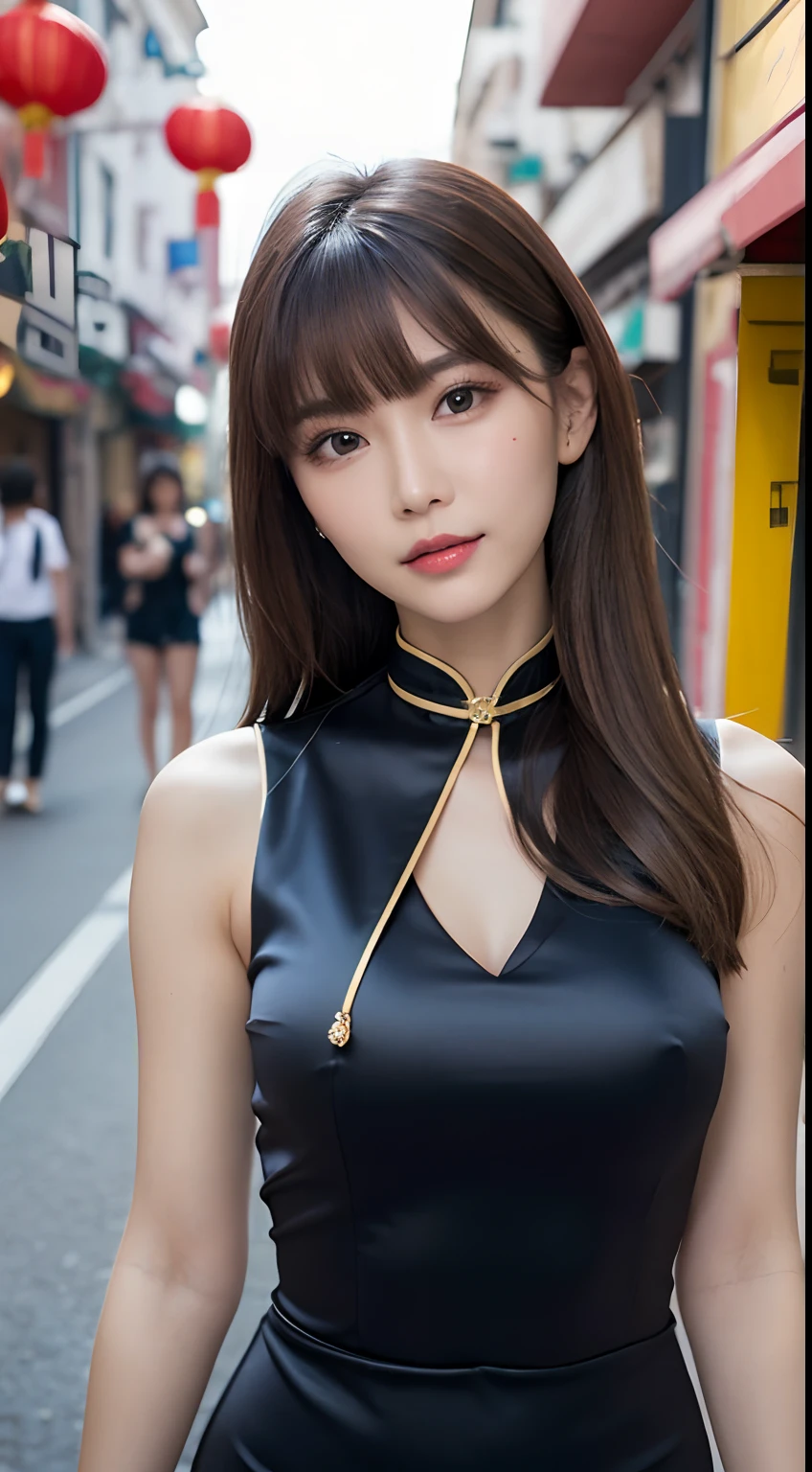 (Best Quality, 8K, masutepiece, Ultra HD: 1.3), 1girl in, smallunderboob, light brown hair, Blunt bangs, hair behind ear, hair over shoulder, Medium Hair, slim figure, huge tit,Ultra Fine Face, Delicate lips, Beautiful eyes, Double eyelids, lipsticks,A gaze that invites you, Ultra-thin hands, Ultra-fine fingers, shirt with collar, Glossy satin cheongsam, beauty legs ,Chinatown , idolface,ssmile