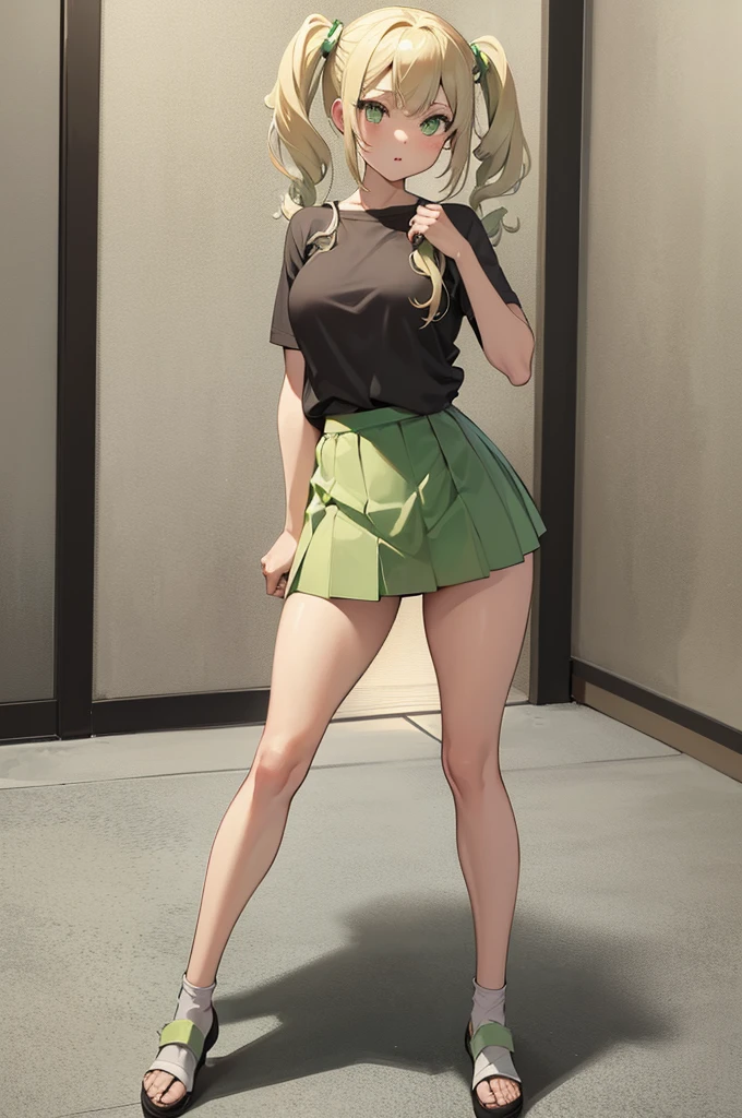 1girl light skin 5.6f, blonde hair with pigtails, lime green eyes, wears a loose grey shirt with two green stripes, grey short skirt, brown slippers, full body view, sexy pose