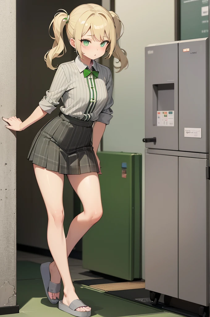 1girl light skin 5.6f, blonde hair with pigtails, lime green eyes, wears a loose grey shirt with two green stripes, grey short skirt, brown slippers, full body view, sexy pose