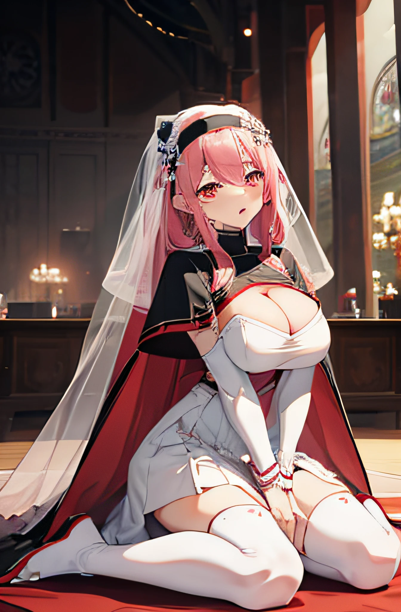 anime character with a sword and a white dress with a red and black writing, pink hair, red eyes, nun veil, huge breasts, banquet or reception hall, blush cheeks, fellatio, kneeling, open mouth,