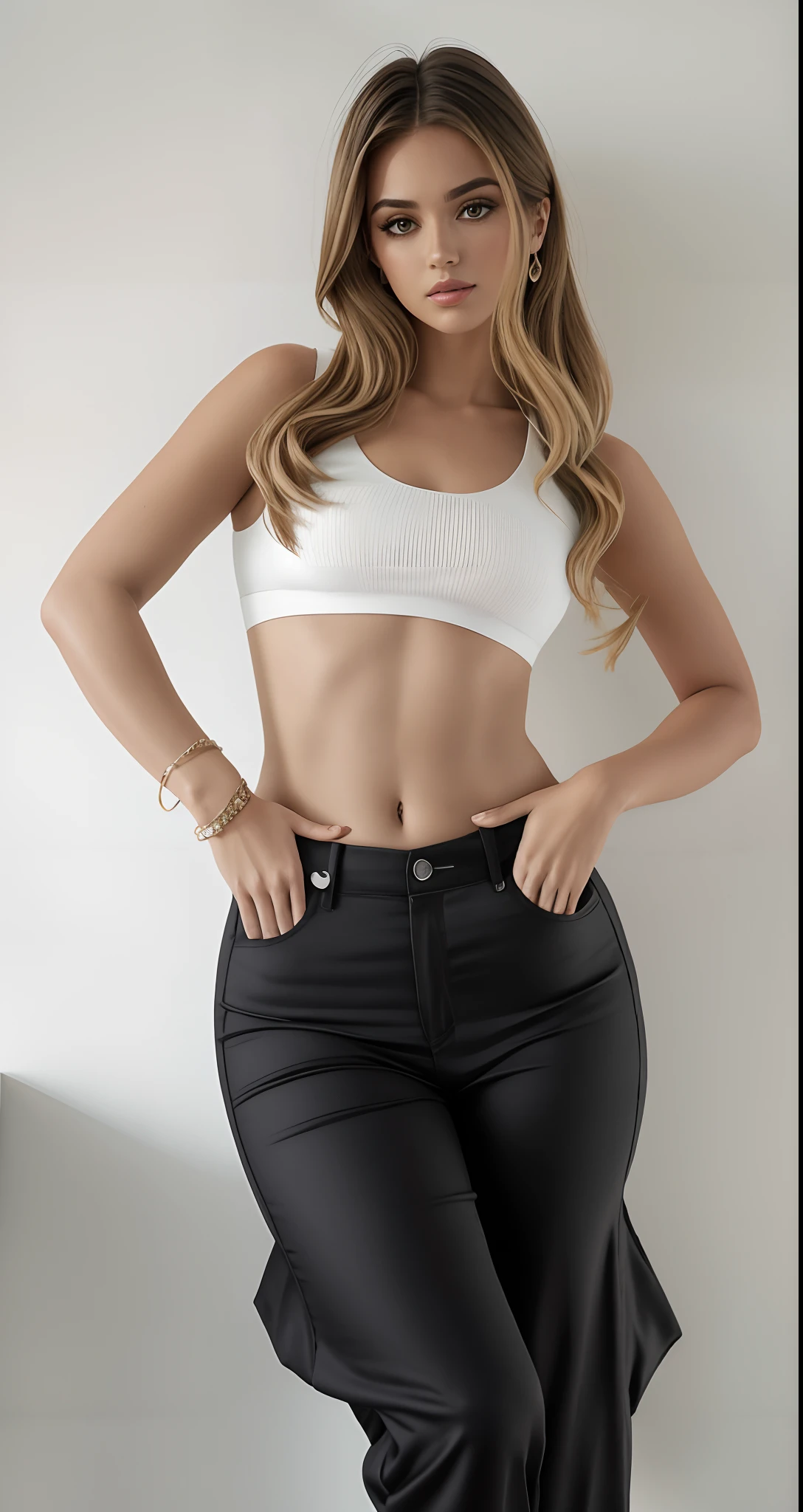 A closeup of a woman in a white top and black pants, usando um top cropped sexy, umbigo mostrando, usando crop top, corpo tonificado, ela tem uma barriga redonda gorda e agitada, her navel is exposed, forma tonificada, Camisa de corte e abdominais fortes, Atenuada, usando roupas simples e apertadas, 2 Modelo feminina de 4 anos, usando um top cropped