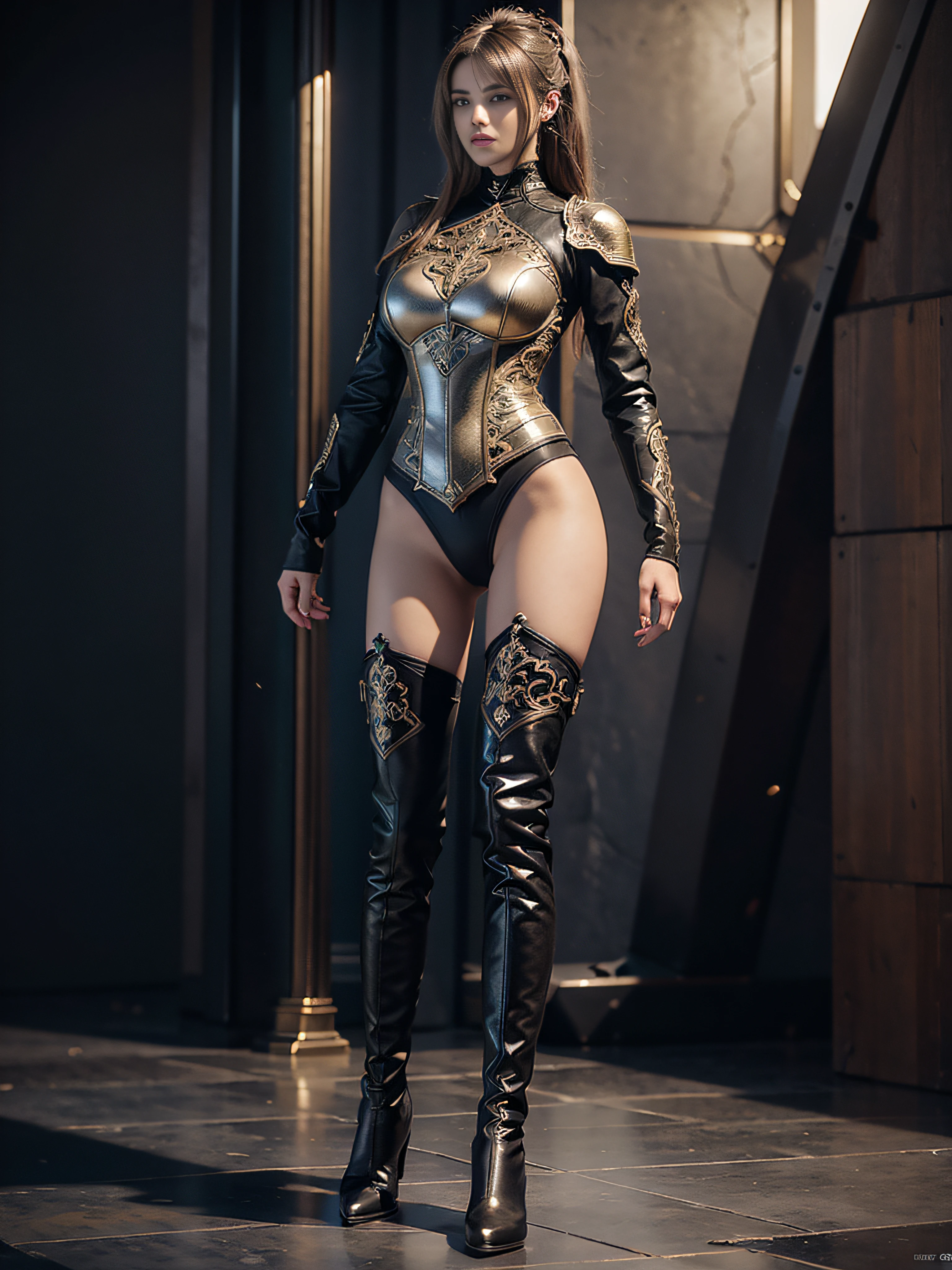full-body shot beauty girl, Mid-thigh boots, finely detailed armor, Mid-thigh boots, cinematic lighting, intricate filigree metal design, 4k, 8k, unreal engine, octane render ::1 mucular ::2