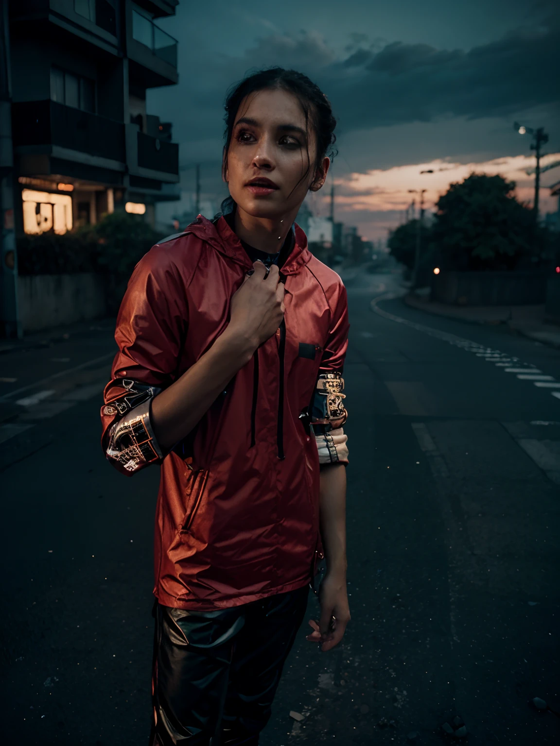 Change the background with dark cyberpunk road and building at night. Make face realistic and background matching outfit with jacket