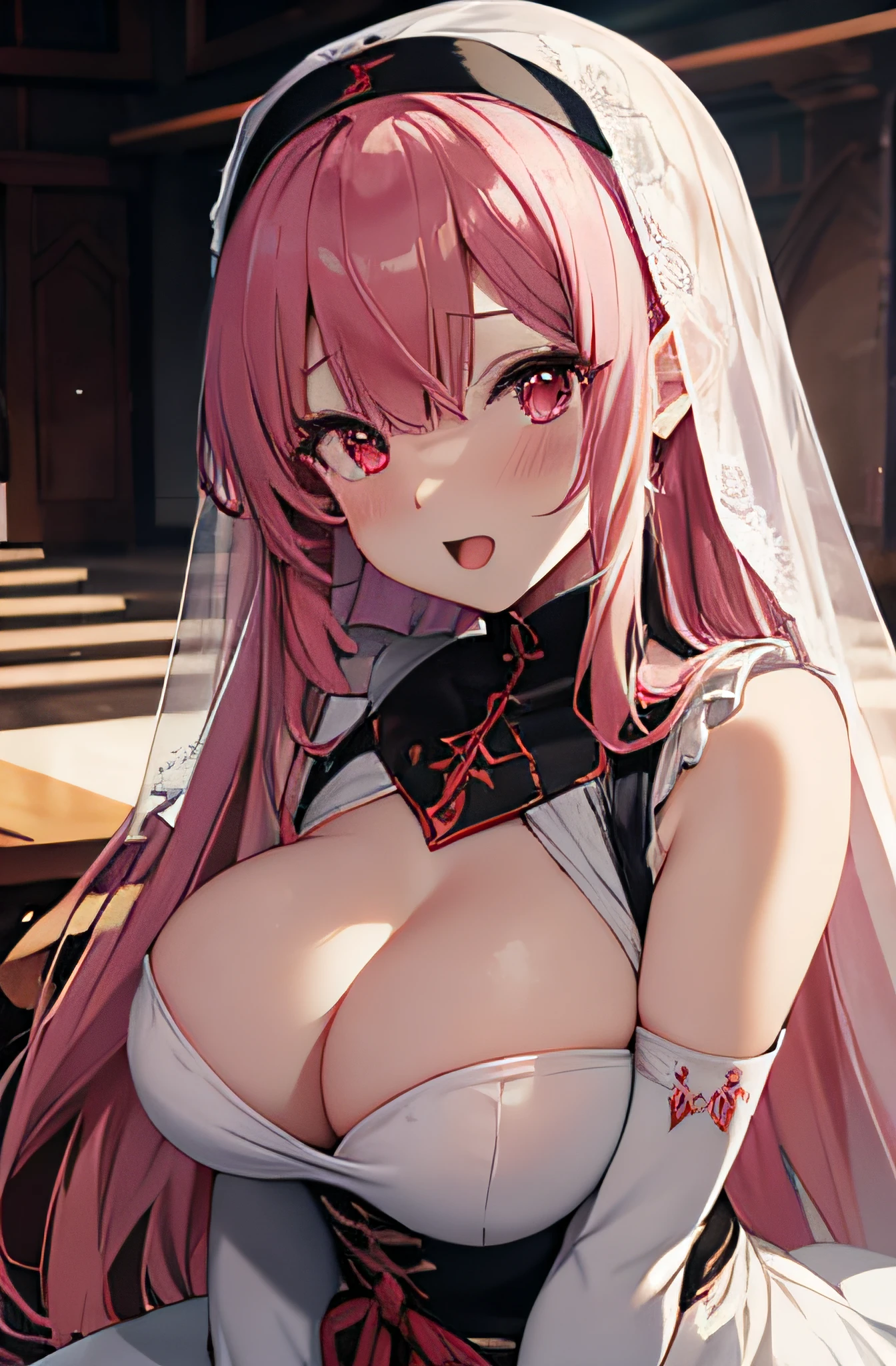 anime character with a sword and a white dress with a red and black writing, pink hair, red eyes, nun veil, huge breasts, banquet or reception hall, blush cheeks, fellatio, open mouth, 1boy, penis, hand job, tongue licking, nsfw