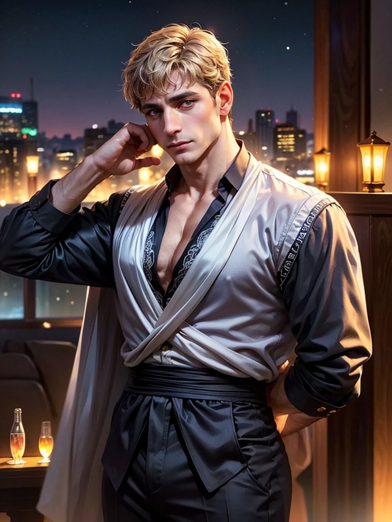 Roman Emperor Constantine the Great resurrected in modern times、34 years old、mature、manly、Competent and hard-working、Successful businessman、Gentle and kind、Usually gentle, but cold when necessary、Greek、Athens night view background、夏天、The world of romance novels、opulent、elegan、masterpiece、top-quality、