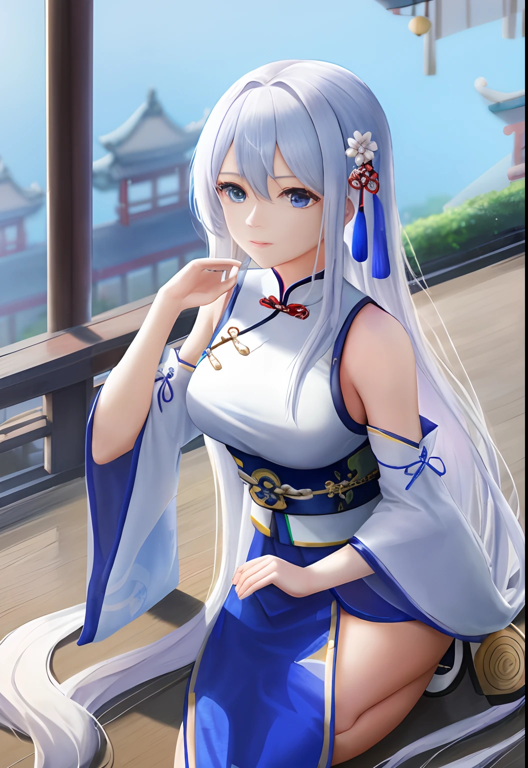 A woman,Wear blue Hanfu,Long white hair,The long white glove extends to the upper arm,Chinese Ancient Architecture,