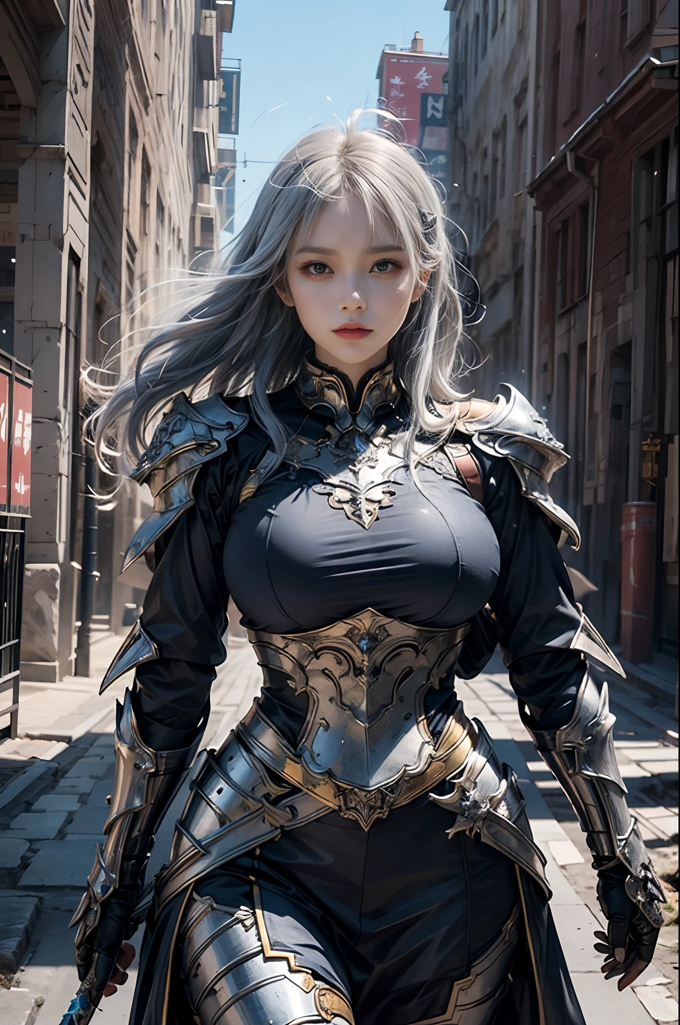 Ultra detailed, beautiful, masterpiece, best quality, detailed beautiful round eyes, beautifully detailed face, medium long hair, a woman in a silver and blue dress, chengwei pan on artstation, by Yang J, detailed fantasy art, stunning character art, fanart best artstation, epic exquisite character art, beautiful armor, extremely detailed artgerm, full details armor, holding a sword, detailed digital anime art, artgerm on artstation pixiv, armor girl, (massive breasts, (huge breasts:1.1), thick boobs, thick waist), (wide hips:1.4, tight thighs, body curvy), young woman, ancient ruins, beautiful background