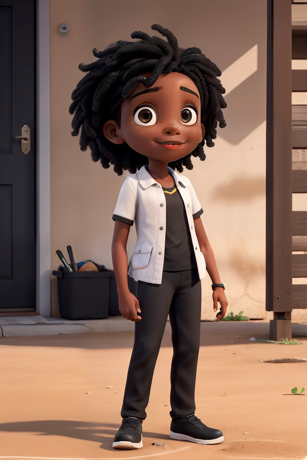Obra-prima, de melhor qualidade, A black child, com coque, in black blouse and black pants, with a camera in hand