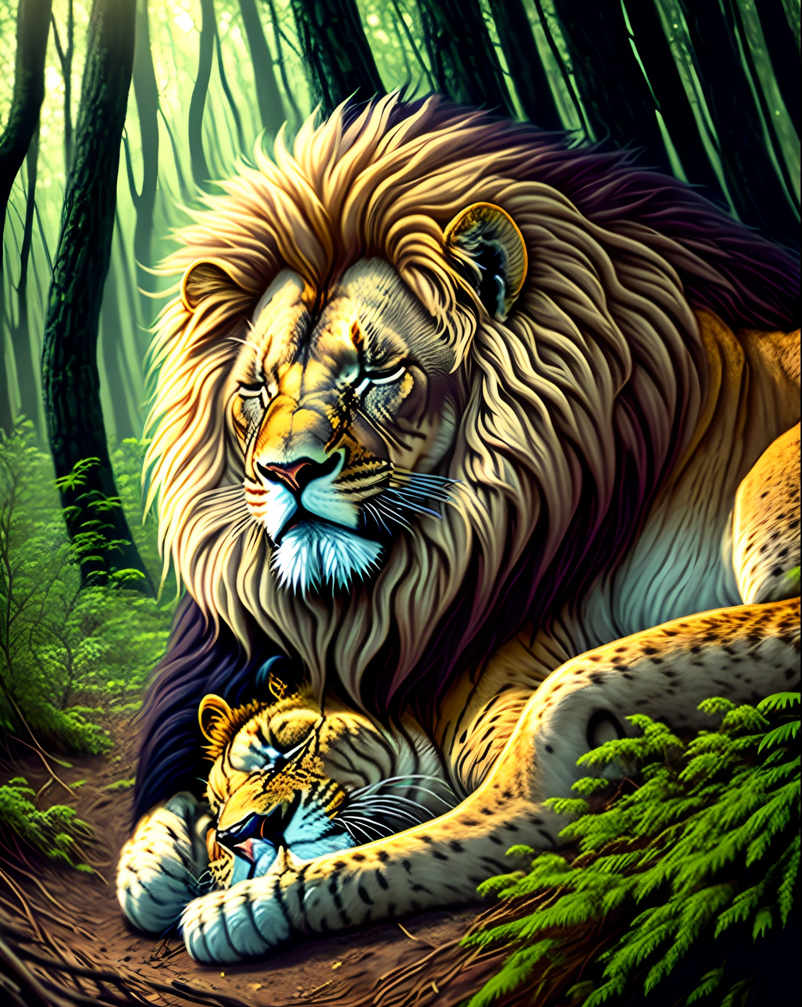 Lion sleeping in the forest