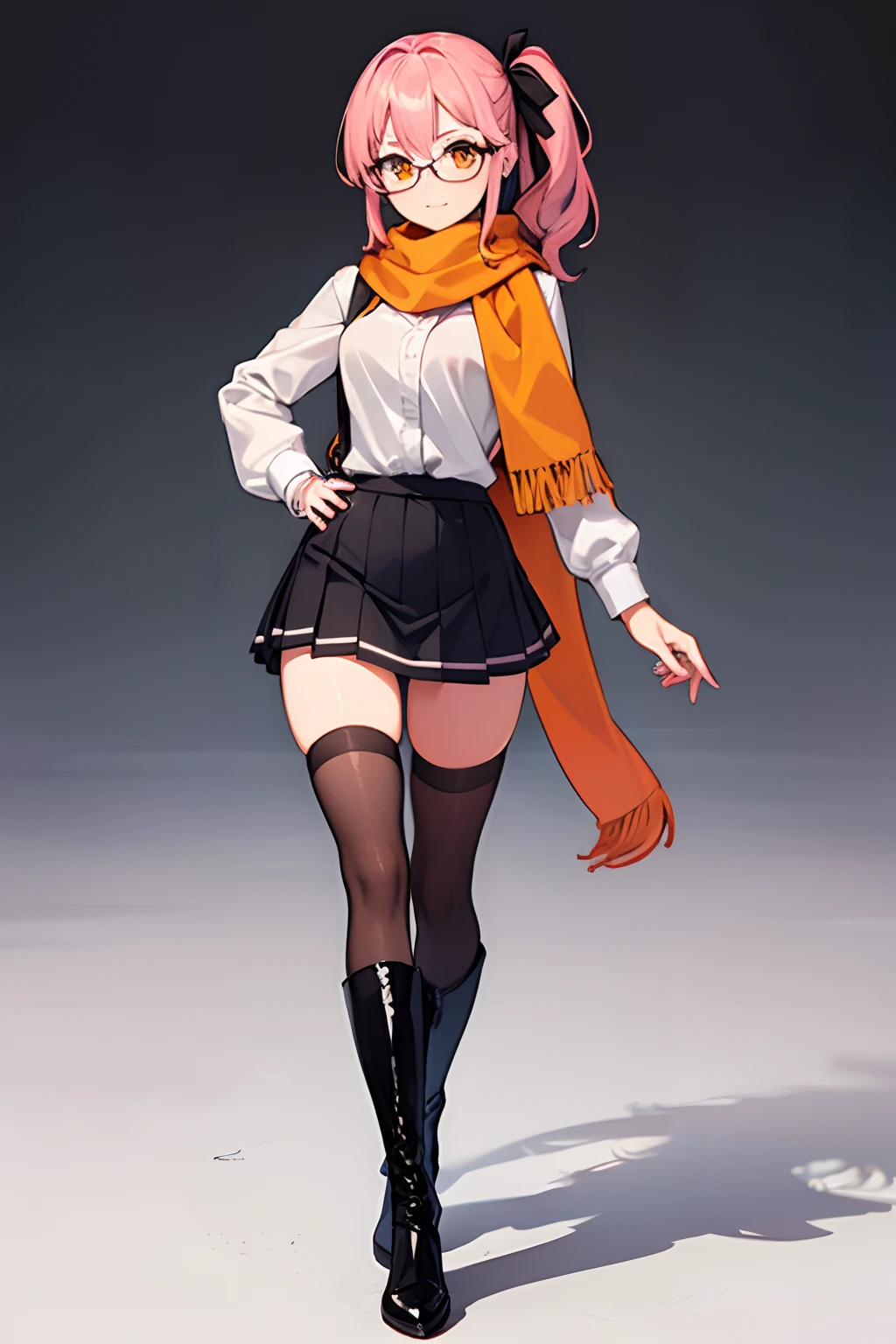 Full body girl with pink colored hair, side ponytail, long hair, orange eyes, wearing winter clothes, skirt, a hair ribbon, glasses, an orange scarf, black thighhighs and boots