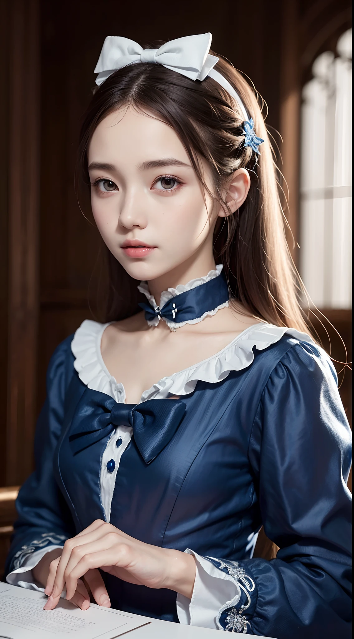 1girl in, masutepiece, Best Quality, 8K, Detailed skin texture, Detailed Cloth Texture, beautifull detailed face, Intricate details, ultra-detailliert, Alice in Wonderland, (Bow on her head:1.1), Upper body