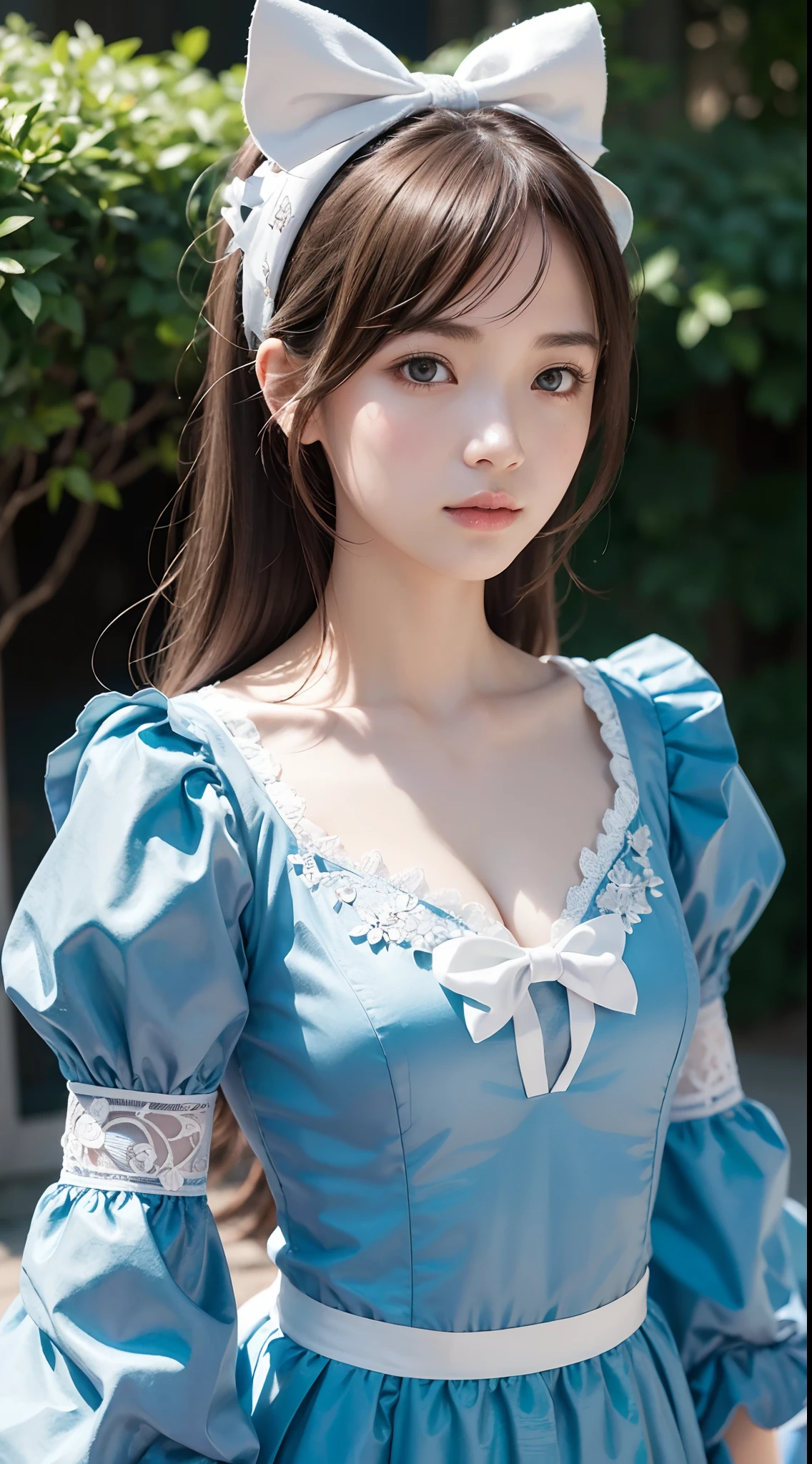 1girl in, masutepiece, Best Quality, 8K, Detailed skin texture, Detailed Cloth Texture, beautifull detailed face, Intricate details, ultra-detailliert, Alice in Wonderland, (Bow on her head:1.1), Upper body