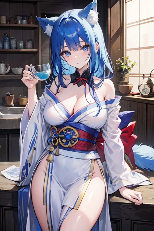 A blue haired woman with blue eyes and an hourglass figures and blue wolf ears and a blue wolf tail is taking a sip of hot tea in a japanese kitchen in a kimono