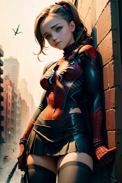 Hayden Panettiere、Sticking out the navel、newyork、She wears a torn Spider-Man suit,wearing skirt、 Red and black color scheme,Dynamic、masterpiece、top-quality、ultra-detailliert、ighly detailed、beautiful detailed brilliance、超A high resolution