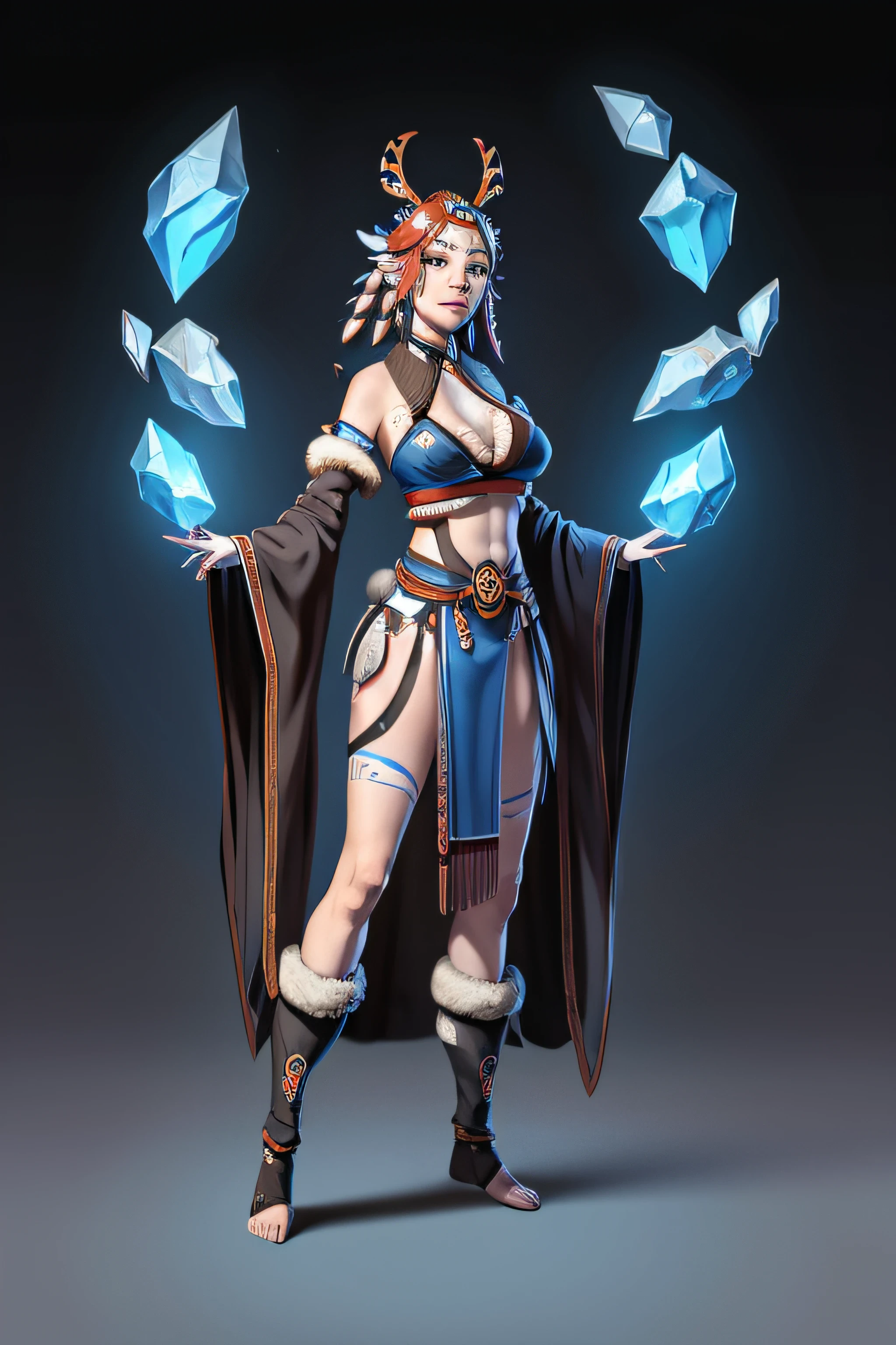 1个Giant Breast Girl、独奏,full bodyesbian,standing on your feet,Ice Tribe,Winters。simple backgound,Magical fantasy design,character concept design,Beautiful face and eyes,tmasterpiece,best qualtiy,Best resolution,high definition detail