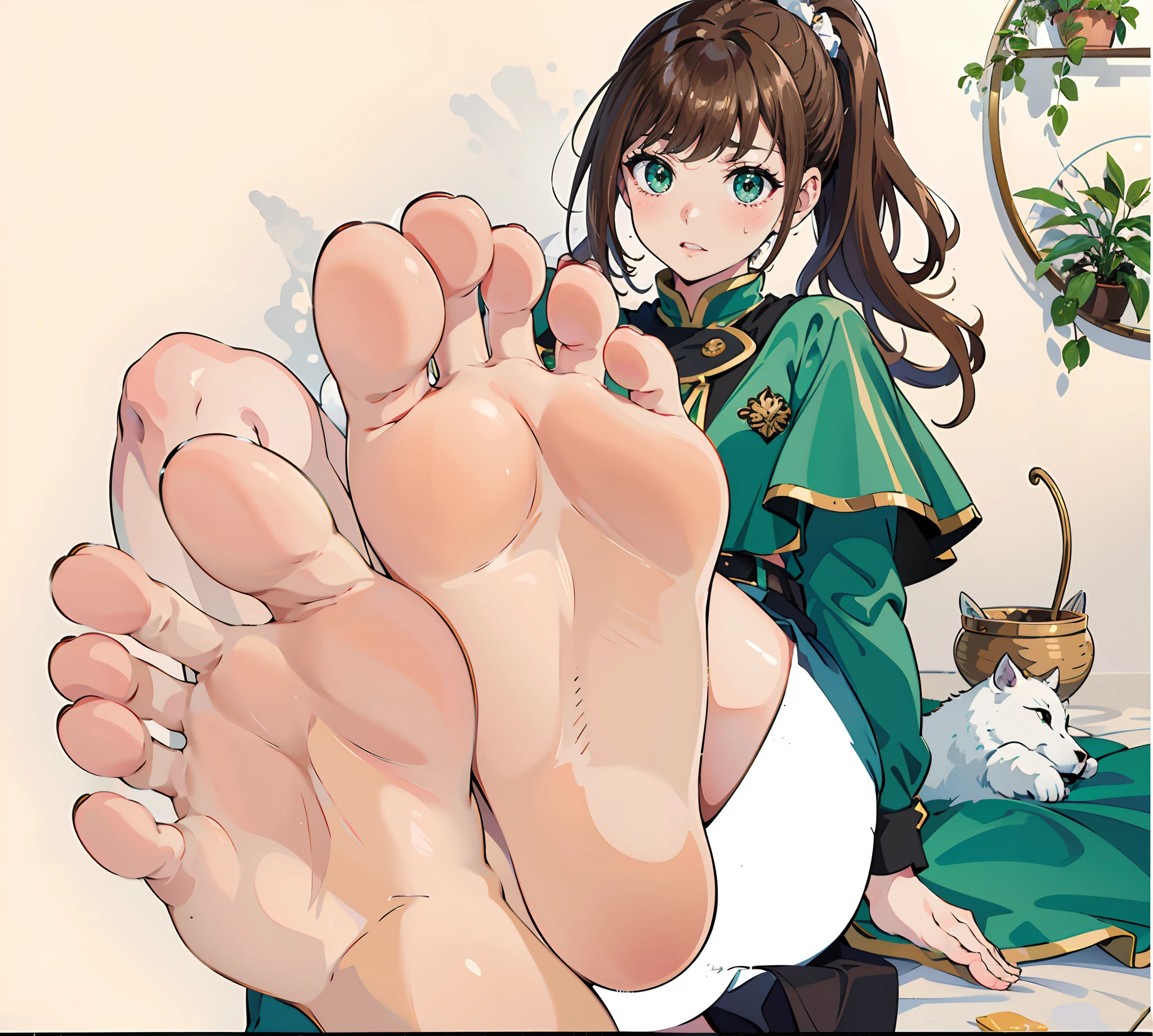(masutepiece:1.1), (high resolusion:1.2), (Illustration:1.05), (ultra detailed 8k art:1.05), (finely detailed beautiful eye), Perfect face, Bright pupils, Lustrous skin, hayami_Sena ,Green eyes, , Black_Belt bag, Green_Capelet, Green_Jacket, white_Shorts,, Long sleeves, fullllbody, blushed, Looking at Viewer, sole, Barefoot soles、poneyTail、Smelly、5 toes、Sole Focus、Open your toes、Bare legged、bare-legged、Brown hair、Sena Hayami、Stuffiness on the soles of the feet、Sweaty feet, Close-up of the soles of the feet,Exposing the soles of the feet