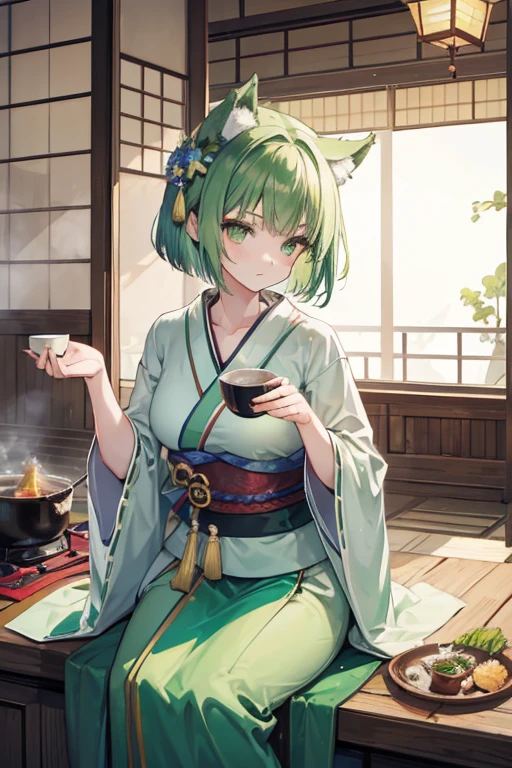 A green haired woman with green eyes and short hair and green wolf ears and a green wolf tail is taking a sip of hot tea in a japanese kitchen in a kimono