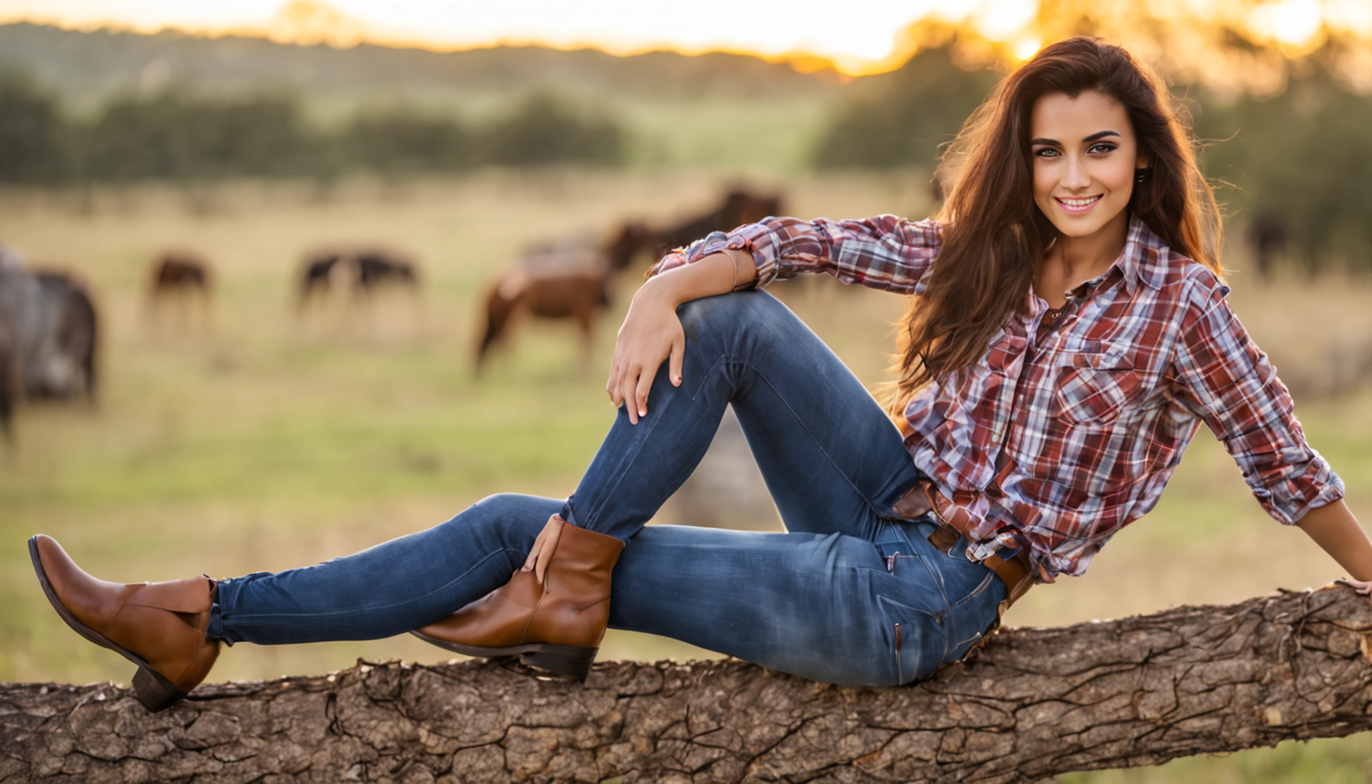 menina da aldeia, plano de fundo do campo, cabelos castanhos claros, rabo-de-cavalo, Sunset, fundo do animal da fazenda, Tarde, beautiful face, olhos negros, camisa quadriculada estampada, camisa xadrez vermelha e branca,jeans marrom, luvas marrons, pele branca, Resting in a tree, leaning against a tree, rosto atordoado, beleza natural