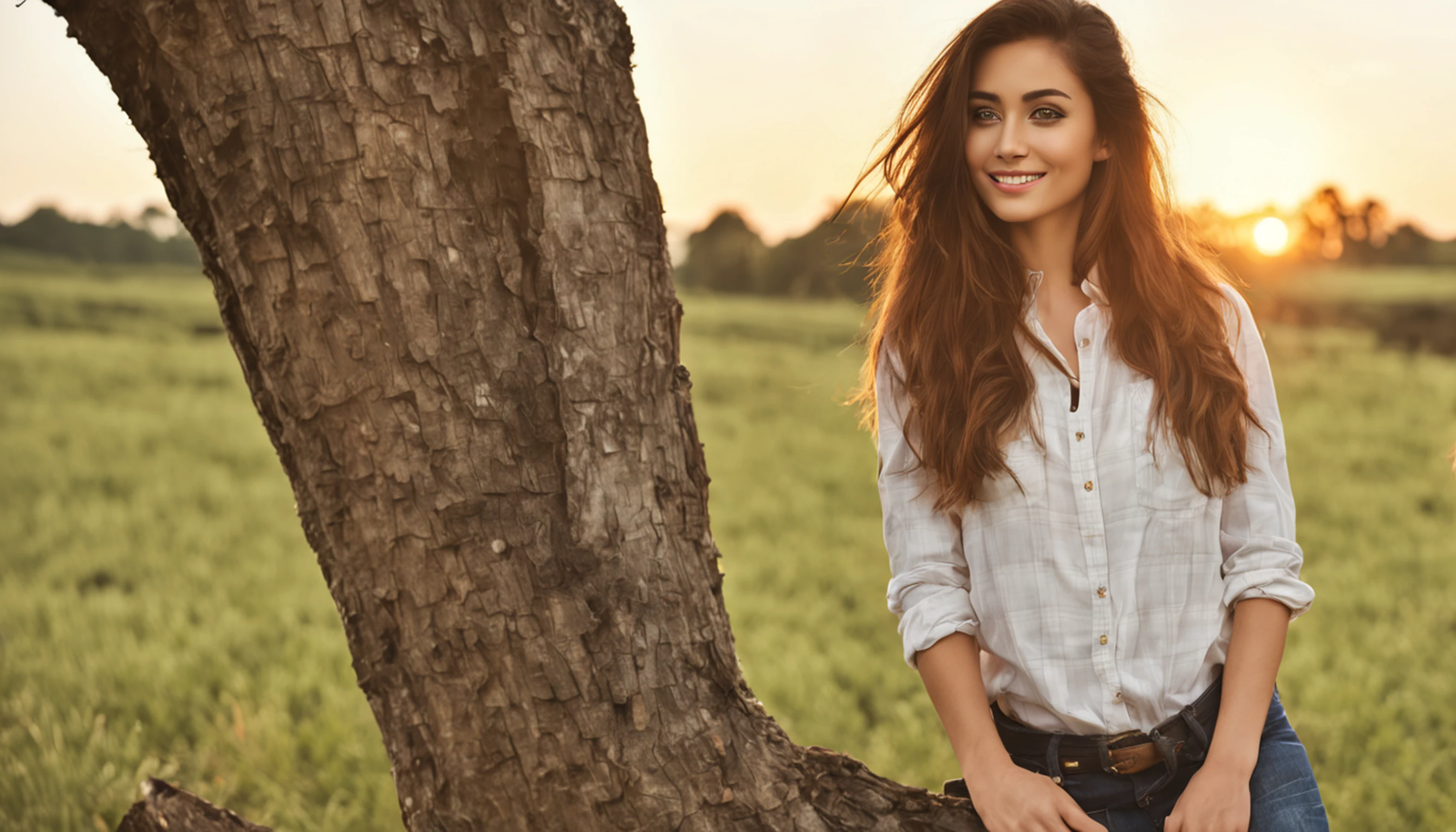 ****** da aldeia, plano de fundo do campo, cabelos castanhos claros, rabo-de-cavalo, Sunset, fundo do animal da fazenda, Tarde, beautiful face, olhos negros, camisa quadriculada estampada, camisa xadrez vermelha e branca,jeans marrom, luvas marrons, pele branca, Resting in a tree, leaning against a tree, rosto atordoado, beleza natural