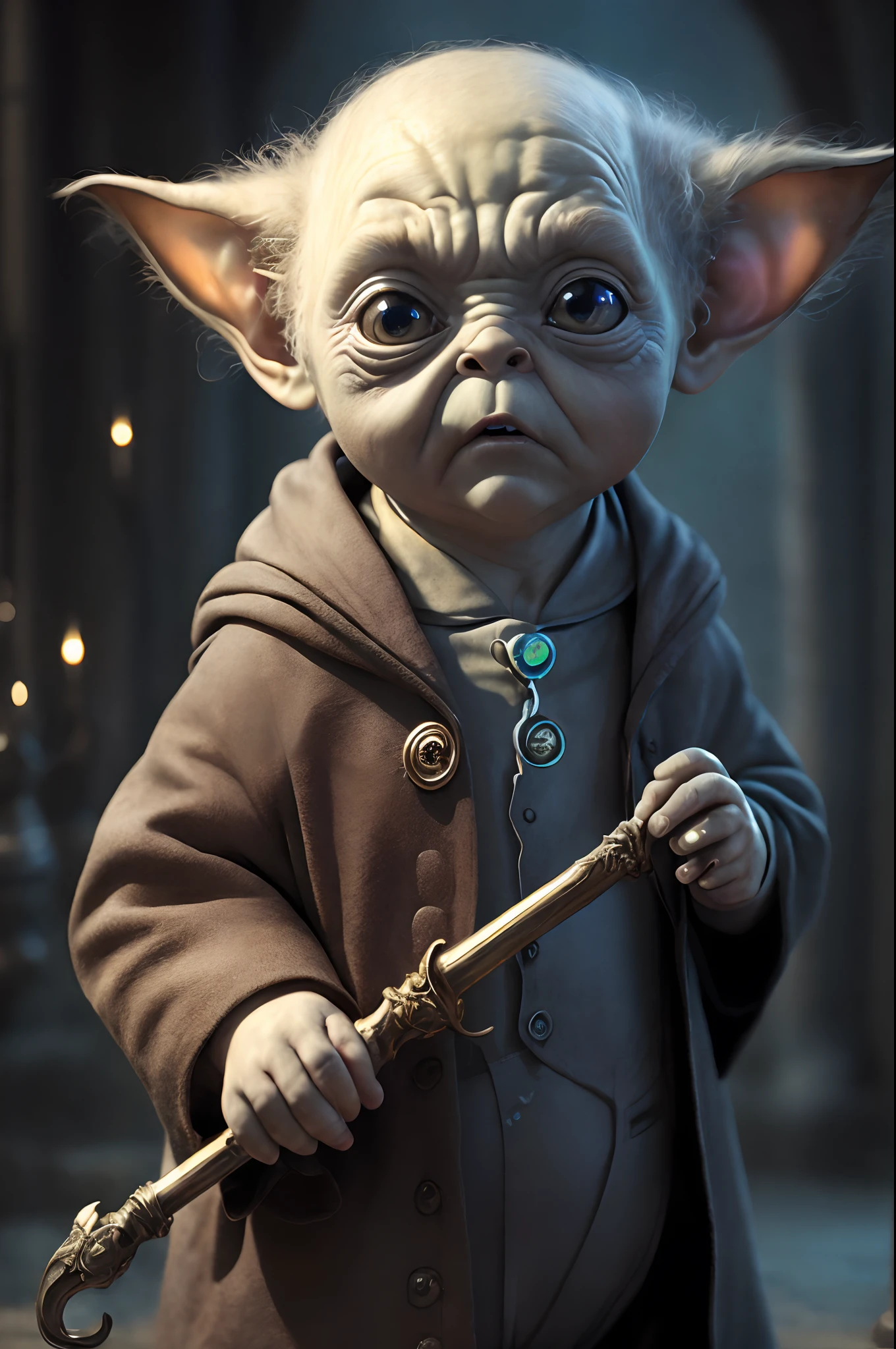 (realistic photo:1.5), (((high resolution photo))), (((extremely detailed))), ((masterpiece)), dramatic shadows, depth of field, 35 mm, (((best quality))), (realistic: 1.4), (Baby Yoda but Voldemort), in Hogwarts, Magic school, mantle, magic wand, full body shot, wide lens, detailed face, wet eyes, weary eyes, fine eyes, brightly colored eyes, bioluminescence, fantasy aura, cinematic, by Greg Rutkowksi