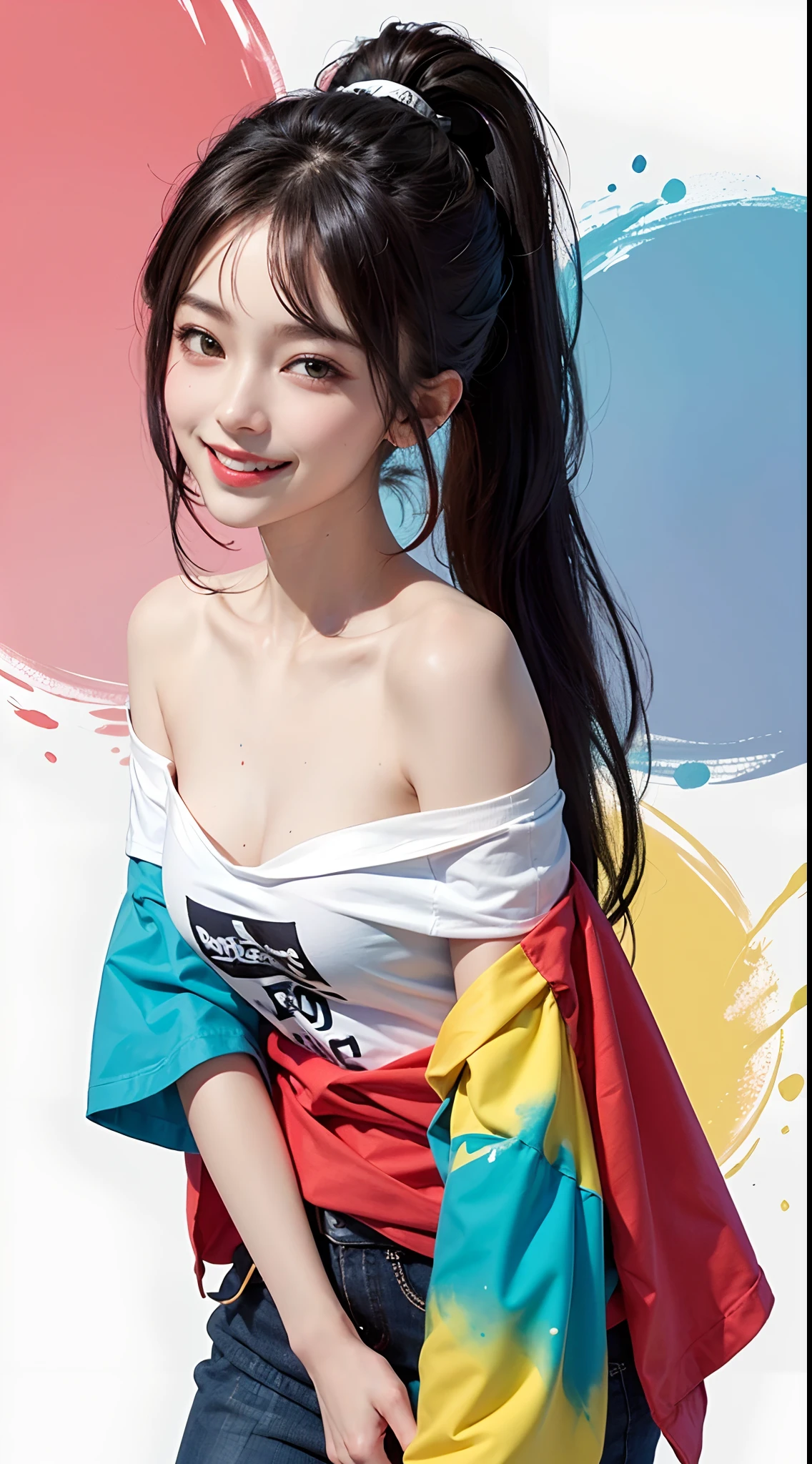(solid background with vivid colored acrylic paint splashes), 1girl, (ponytail hair dyed all over with various vivid colors), (small fresh, wipe chest), (white off-shoulder fashion T-shirt), (), (Highest Image Quality, Masterpiece), (lovely smile, excited), (sometimes hold a cat in her arms:0.6),
