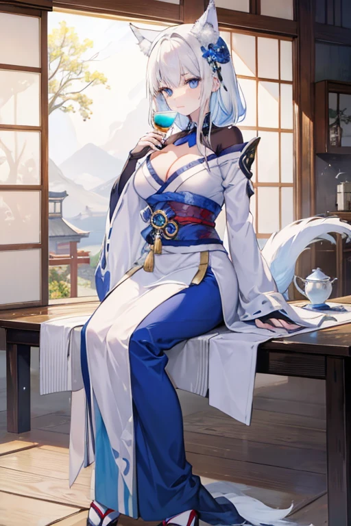 A white haired woman with blue eyes and an hourglass figure and blue wolf ears and a blue wolf tail is taking a sip of hot tea in a japanese kitchen in a kimono