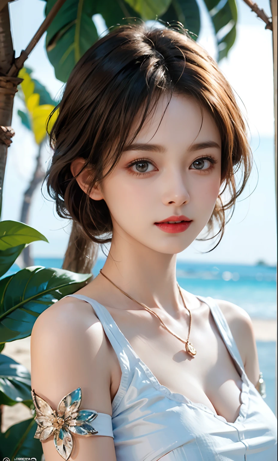 (hight resolution), (8K), (ighly detailed), (The best illustrations), (beatiful detailed eyes), (top-quality), (Ultra-detail), (​masterpiece), (wall-paper), (Detailed face), ((top-quality、8K、​masterpiece:1.3))、a beauty girl、1 female、Big Tits:1.3、Slender body type:1.1、Toned abs、Happy smiling face、dark brown hair、a pixie cut、(swimming pools、a wet body、Wearing erotic:1.1)、hyperdetailed face、Detailed lips、A detailed eye、double eyelid