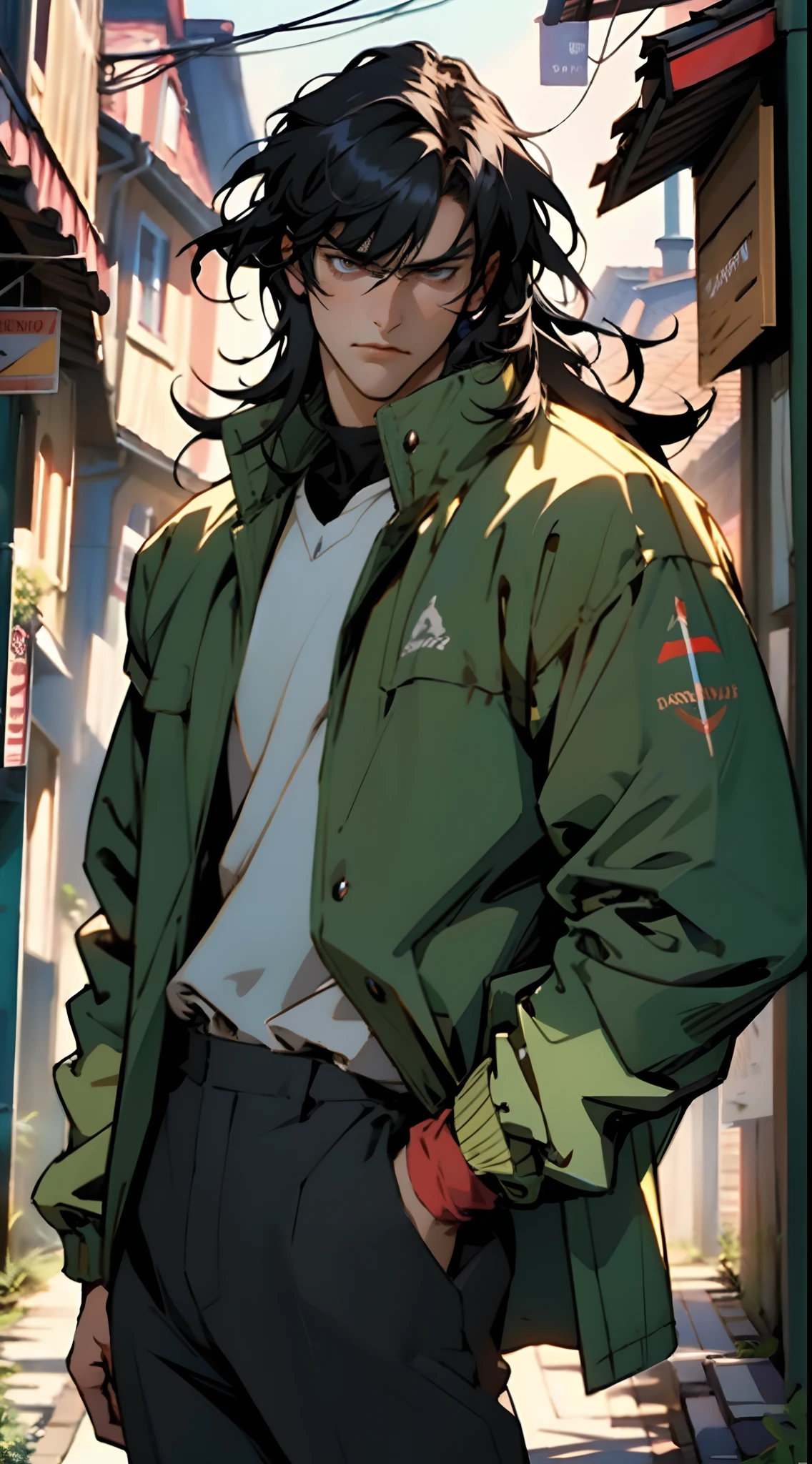 A young man, long black hair, his hair bangs hanging down to cover his eyes, a forlorn expression, head bowed, a long windbreaker coat, rolled-up sleeves, the windbreaker open, revealing his sturdy chest and abdominal muscles, loose coarse cloth trousers, the waist of the trousers reaching the navel, hands inserted into the pockets of the coat, he stands in the dimly lit night on a medieval street in a fantasy-style setting, this character embodies a finely crafted fantasy-realistic style ronin in anime style, characterized by an exquisite and mature manga illustration art style, high definition, best quality, highres, ultra-detailed, ultra-fine painting, extremely delicate, professional, anatomically correct, symmetrical face, extremely detailed eyes and face, high quality eyes, creativity, RAW photo, UHD, 8k, Natural light, cinematic lighting, masterpiece-anatomy-perfect, masterpiece:1.5