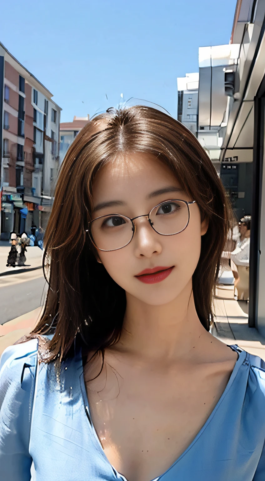 (wears glasses)((Best picture quality, 8K, tmasterpiece: 1.3)), self-shot, Sharp focus: 1.2, A cute beauty with a perfect figure: 1.4, Slim big breasts, ((Brown hair black)) , (Small flesh-colored dress,Highly detailed face,Happy expression,standing on your feet:1.2),((A city with blue skies and white clouds,At the cafe:1.3. Produced with a major focus on women)),Highly detailed facial and skin texture,Detailed eyes,二重まぶた