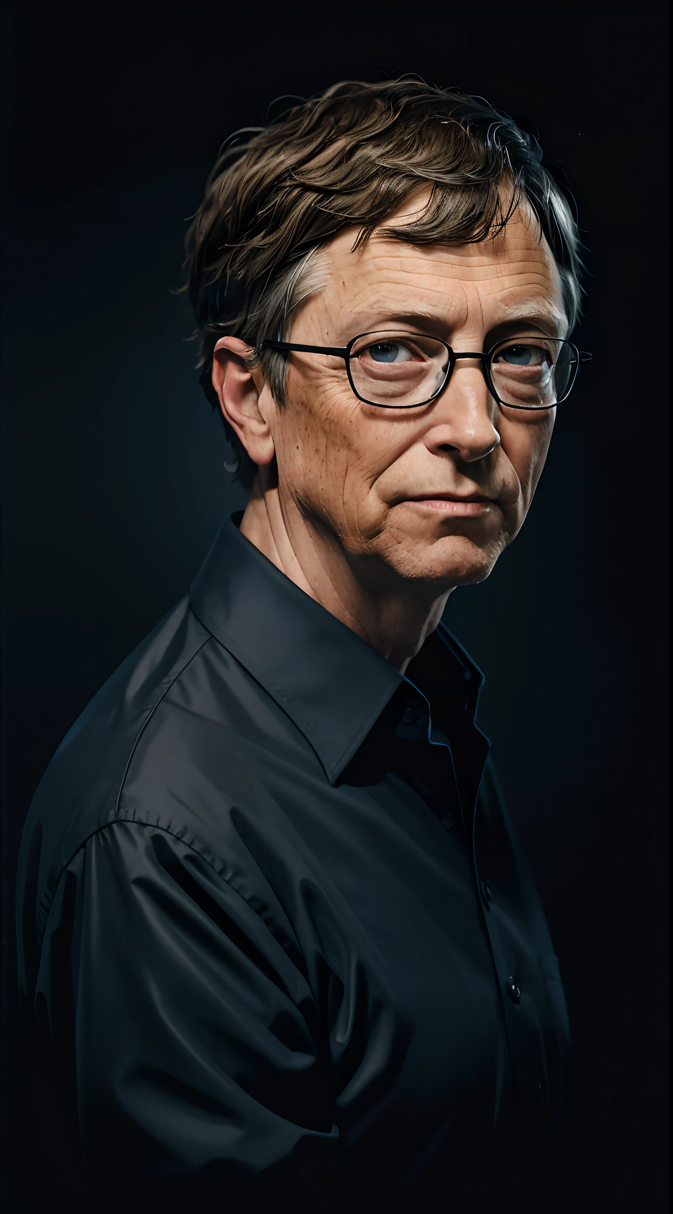 A portrait of Bill Gates, dark background, dark tones