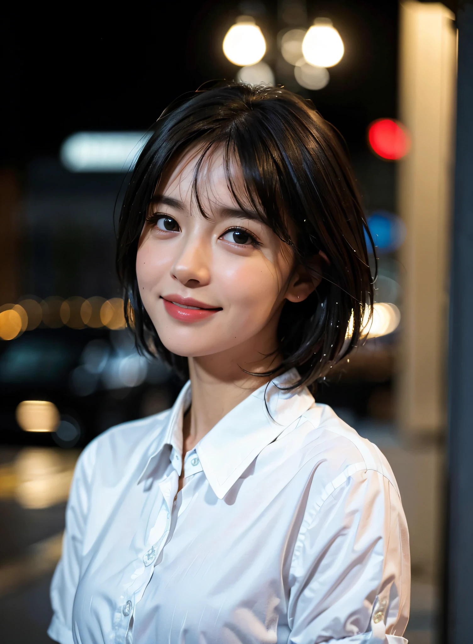 (8K, Best quality, Masterpiece:1.2), (Realistic, photo-realistic:1.37), Ultra-detailed, 1 girl,Cute, Solo,Beautiful detailed sky,Detailed Cafe,Night,Sitting,dated,(nose blush),(Smile:1.15),(Closed mouth) Small breasts,Beautiful detailed eyes,(Collared shirt:1.1), Night, Wet,Business attire, rain,White lace, (Short hair:1.2),Floating hair NovaFrogStyle,