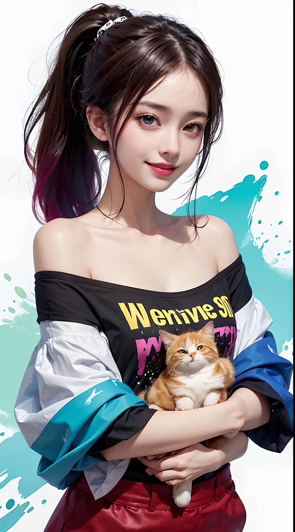 (solid background with vivid colored acrylic paint splashes), 1girl, (ponytail hair dyed all over with various vivid colors), (small fresh, wipe chest), (white off-shoulder fashion T-shirt), (), (Highest Image Quality, Masterpiece), (lovely smile, excited), (sometimes hold a cat in her arms:0.6),