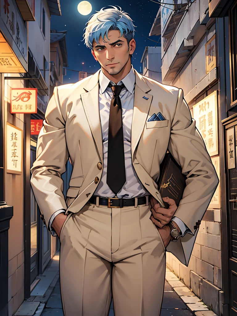 Uncle with katana in his hand in suit,Smoking,Look up。full bodyesbian