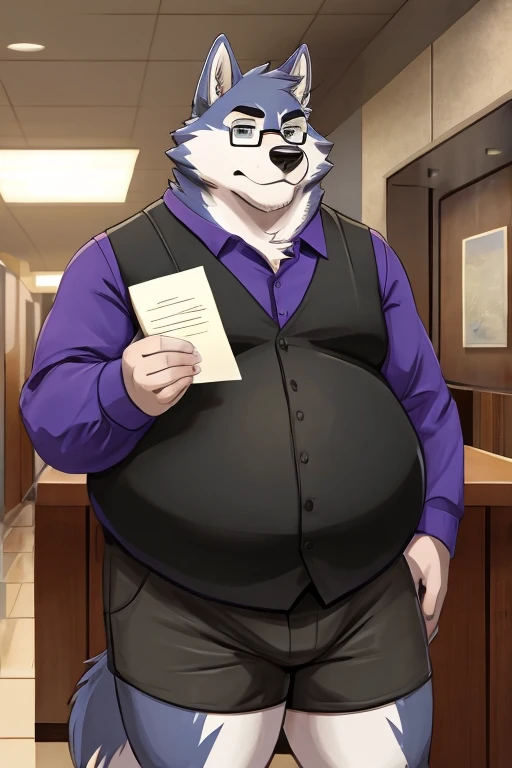 solo, male, wolf, digigrade, random fur pattern, fat cheeks, obese, large belly, wearing glasses, wearing long sleeved shirt, wearing black vest, wearing shorts, standing, holding letter, offering letter to viewer, facing viewer, apathetic expression, indoors, inside building lobby, daytime