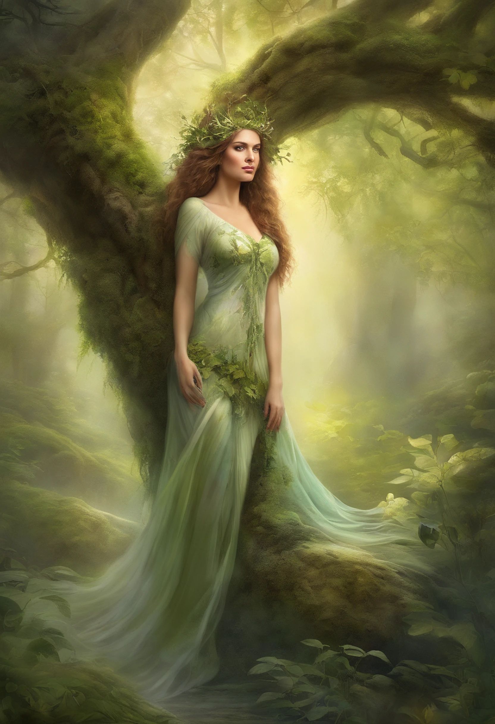 portrait of a forest mage, female, dress made of green leaves, gorgeous, beautiful hair, curves, forest background, highly detailed, smooth, sharp focus, chiaroscuro, digital painting, artgerm and greg rutkowski and alphonse mucha --auto