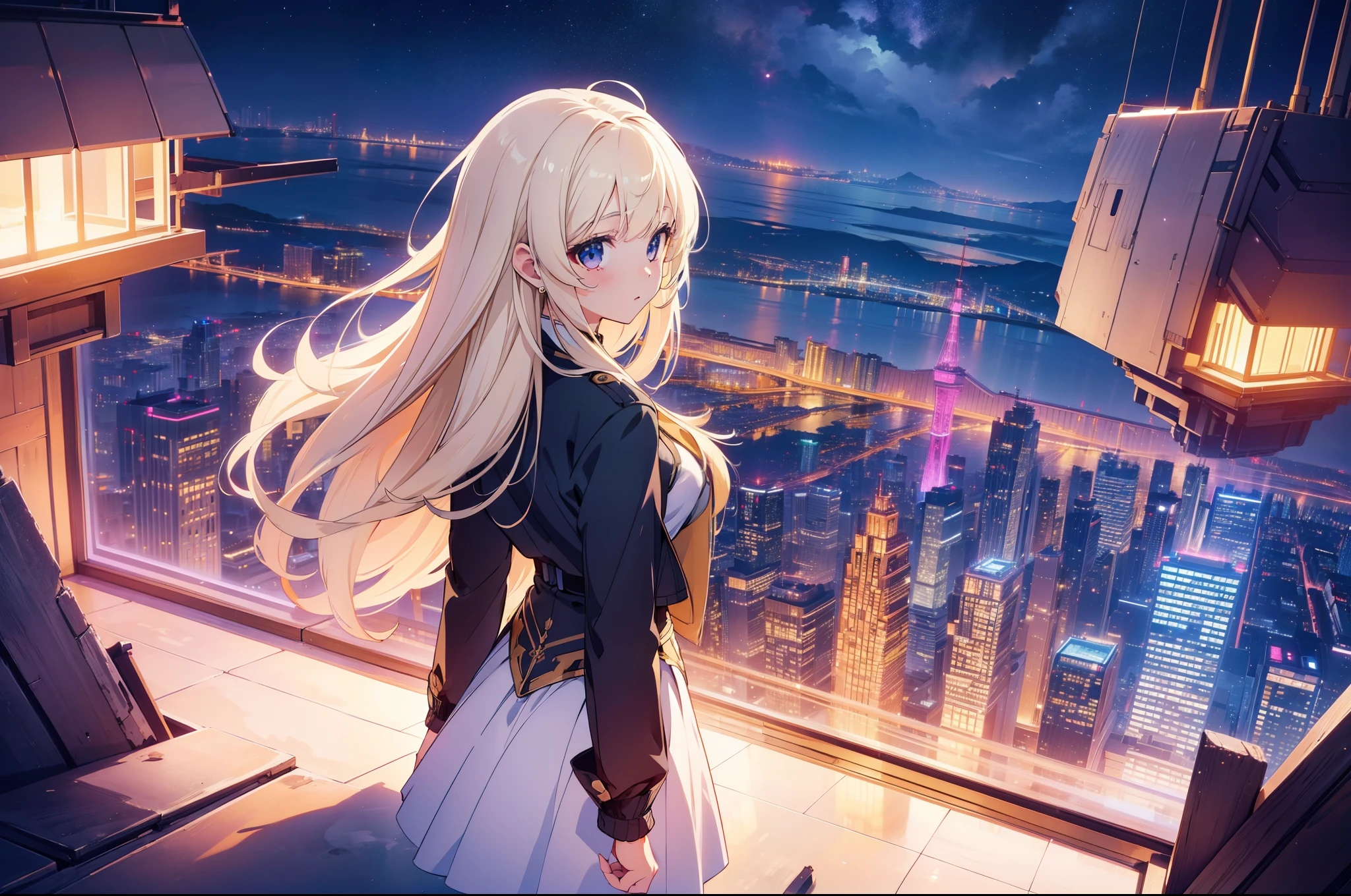 1 cute girl , looking back , floating hair, upper body,jacket,  ((wide shot)) , (from above:0.7),cinematic lighting, (background beautiful million-dollar night view), ((masterpiece)), ((best quality)), ((ultra-detailed)), (illustration), ((an extremely delicate and beautiful))