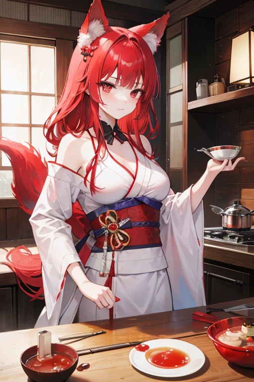 A red haired woman with red eyes and and an hourglass and red wolf ears and a red wolf tail is taking a sip of hot tea in a japanese kitchen in a kimono