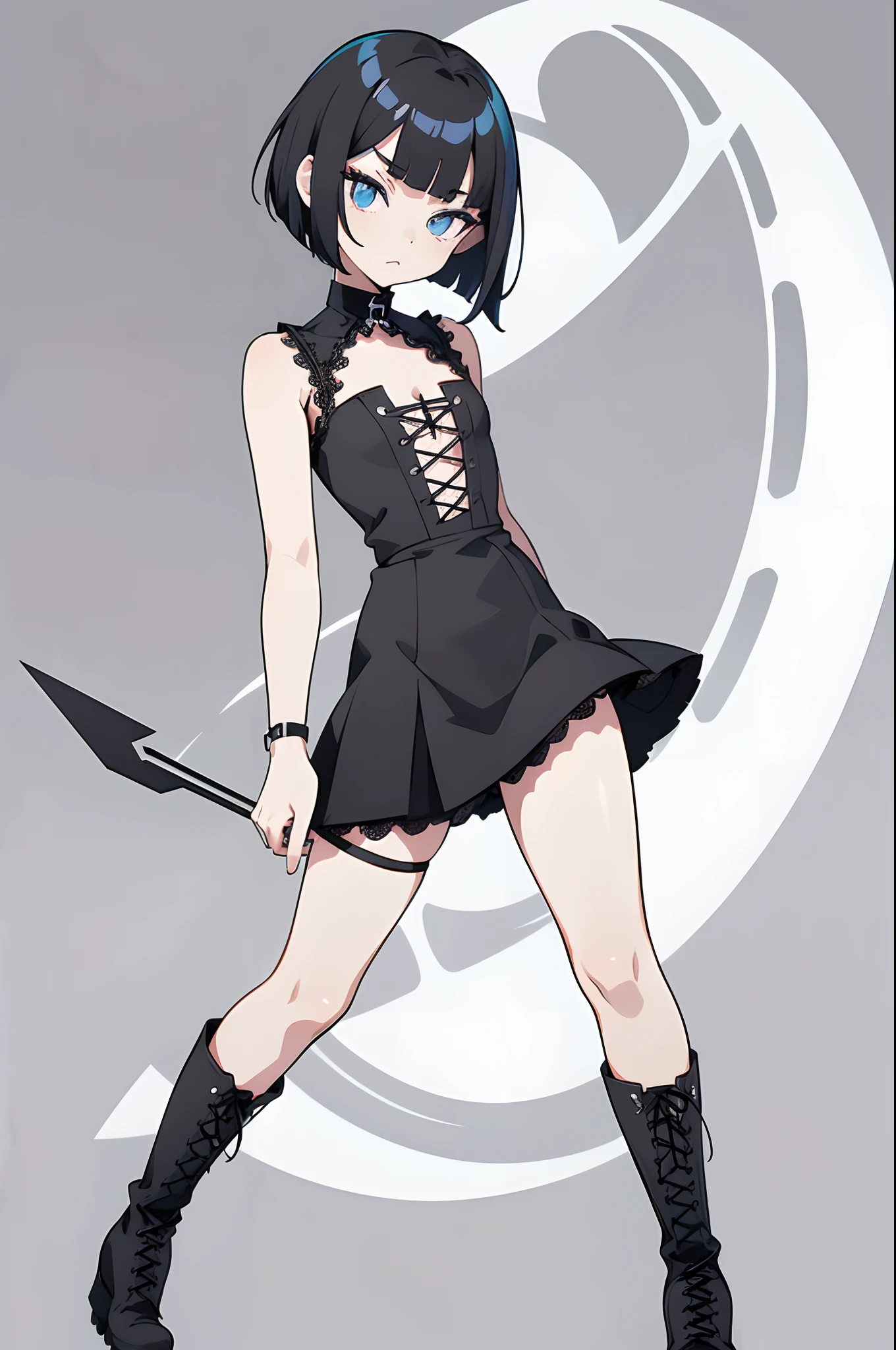 flat design, material design, deformed pop art, Adobe Illustrator, anime character, one girl, full shot, gothic-style black dress, asymmetric skirt, black short bob hair, asymmetric bangs, black rosary, (white lace-up boots:1.3).