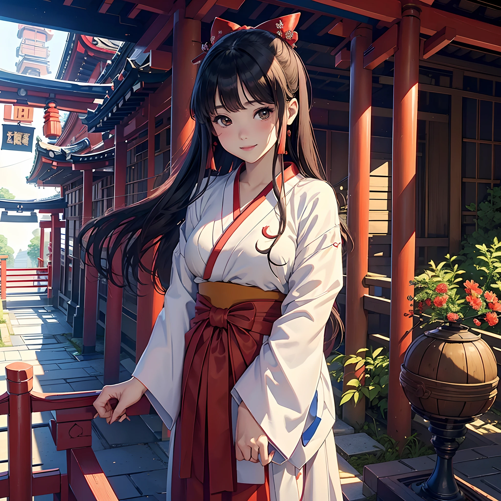 Best Quality、masutepiece、(japanes、Beautuful Women、shrine maiden、25-years old、Beautuful Women:1.5、cute little:2、spotless、D-cups)、torii gate、(ssmile、slightly red cheeks)
