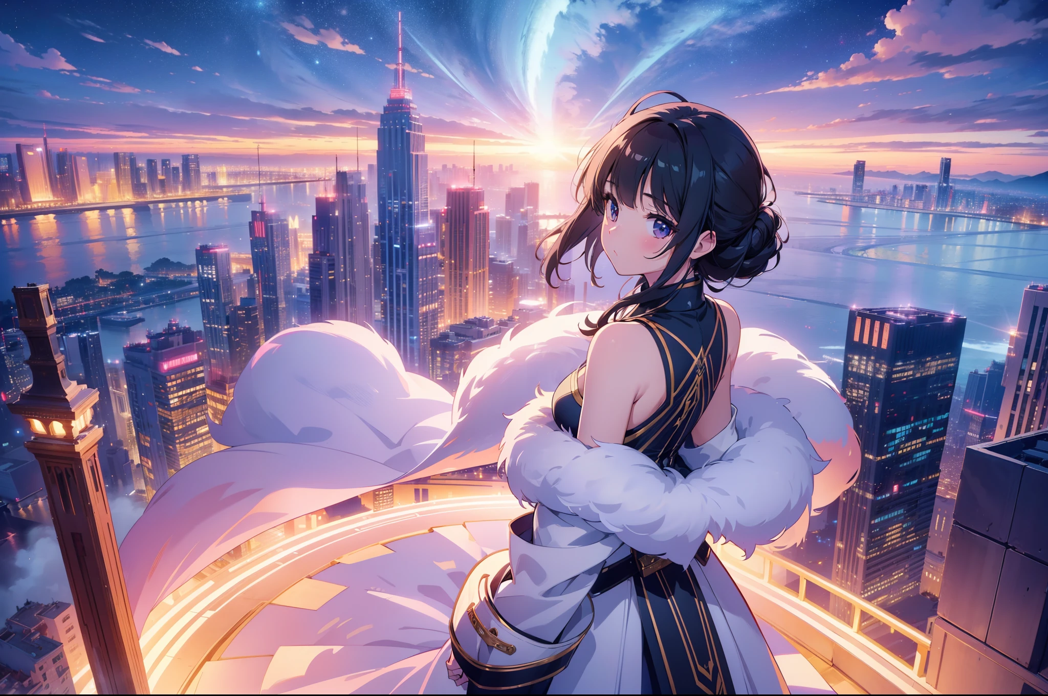 1 cute girl , looking back , floating hair, upper body, coat,  ((wide shot)) , (from above:0.7),cinematic lighting, (background beautiful million-dollar night view), ((masterpiece)), ((best quality)), ((ultra-detailed)), (illustration), ((an extremely delicate and beautiful))